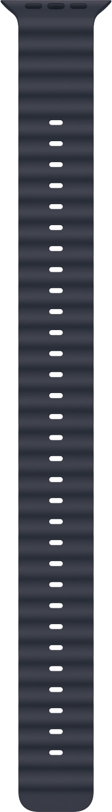 Sötétkék Apple Watch szíj függőleges vonalakkal és lyukakkal.