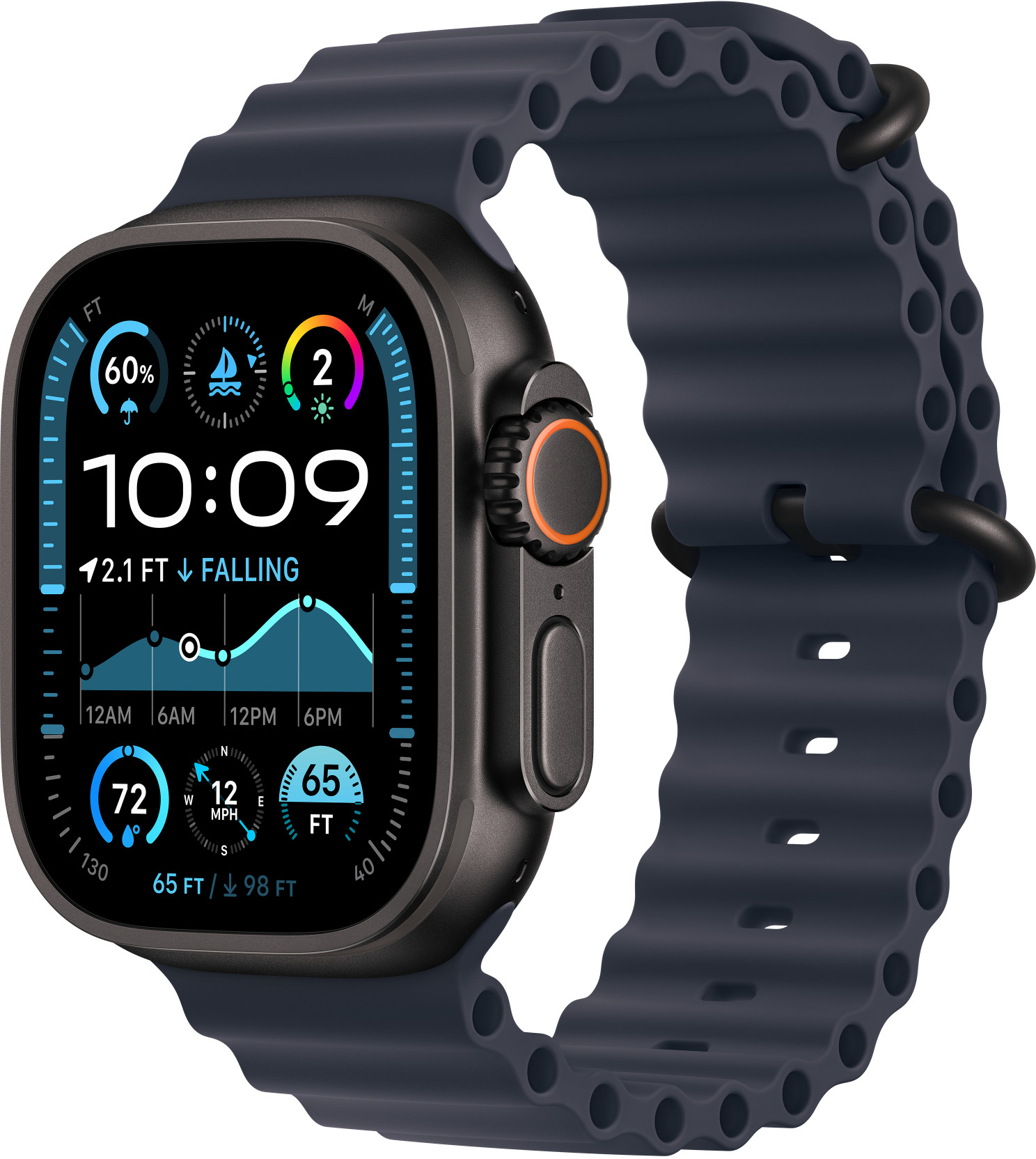 Apple Watch Ultra fekete tokkal és sötétkék szíjjal, adatokat jelenít meg.