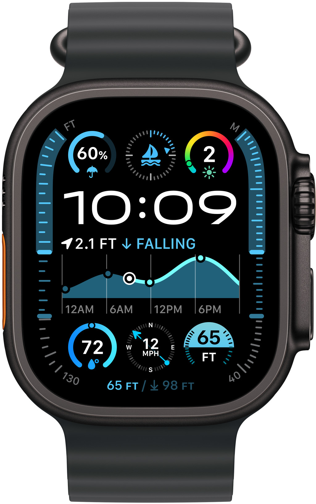 Apple Watch Ultra fekete szíjjal, időt és adatokat mutatva.