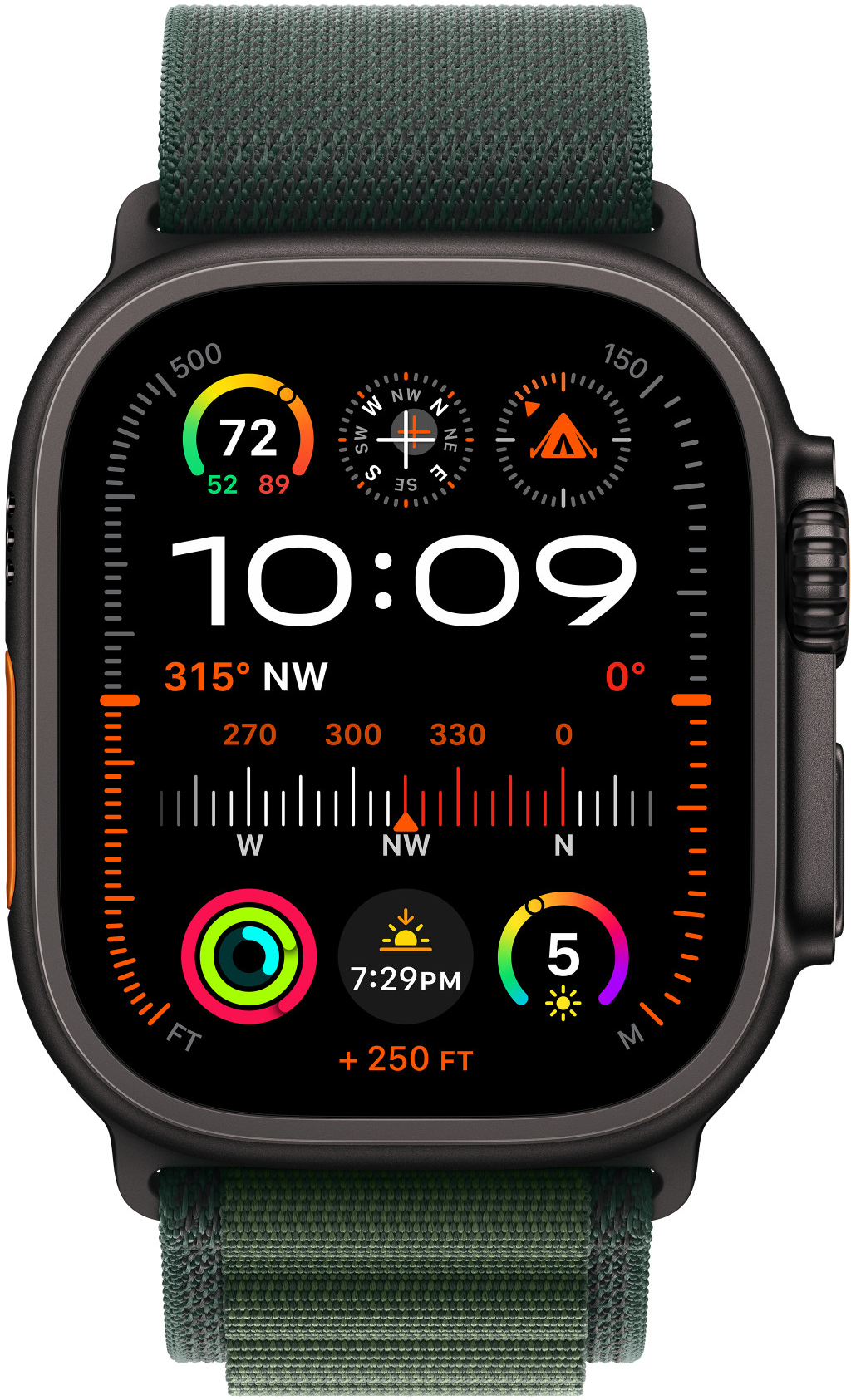 Fekete Apple Watch Ultra zöld szíjjal, mutatókkal és idővel: 10:09.