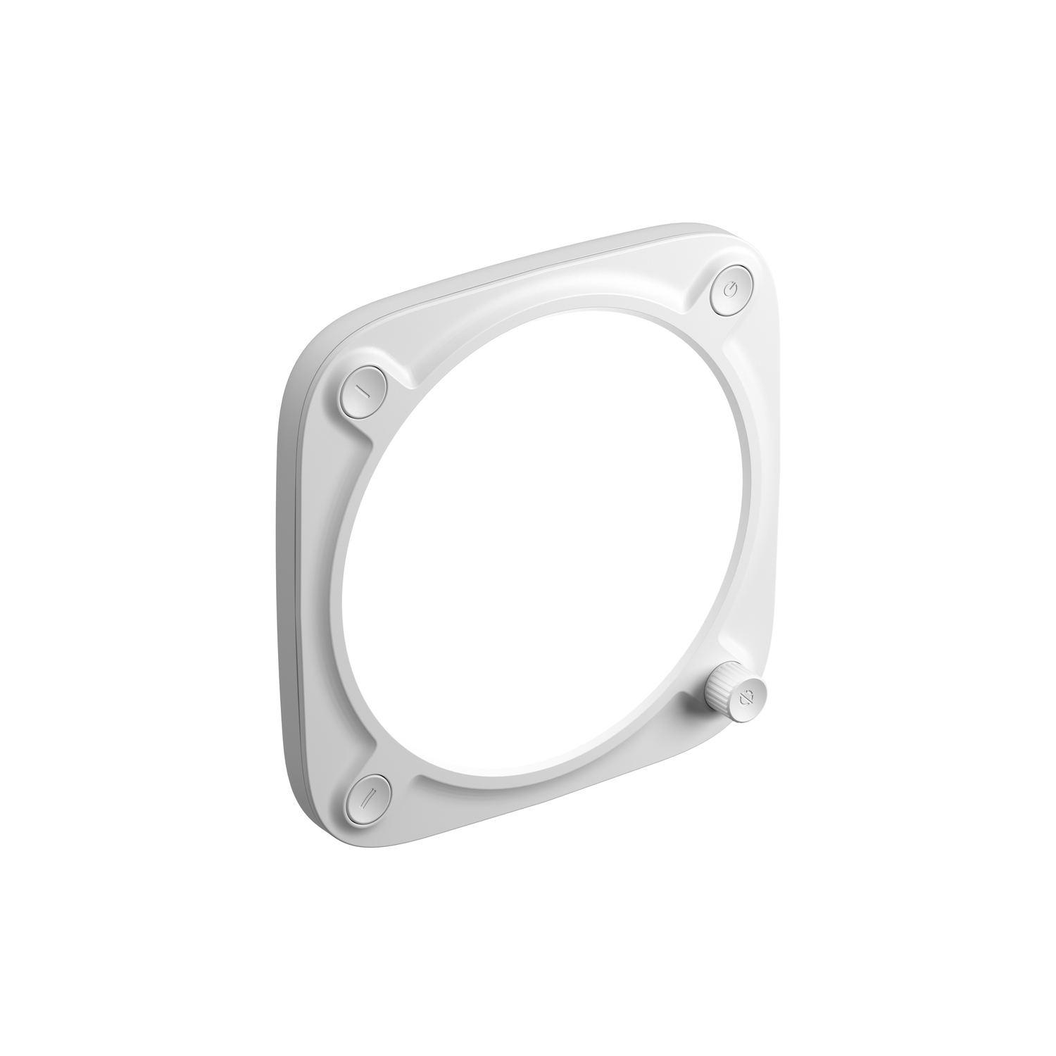White square with a central hole. Three buttons are visible on the surface.