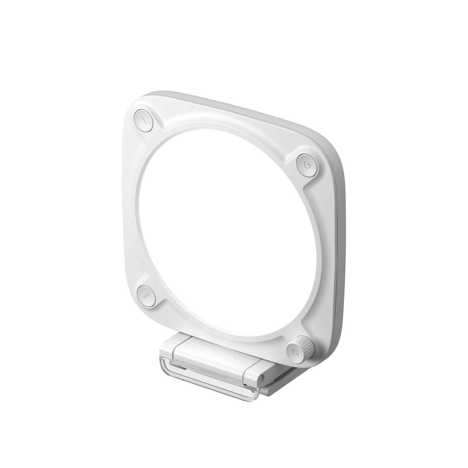 White, square-shaped light with a central circular opening.  Has four buttons and a knob.