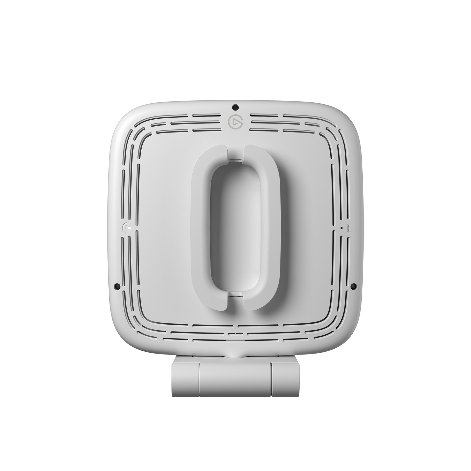 White wireless speaker with handle and design, from the back.