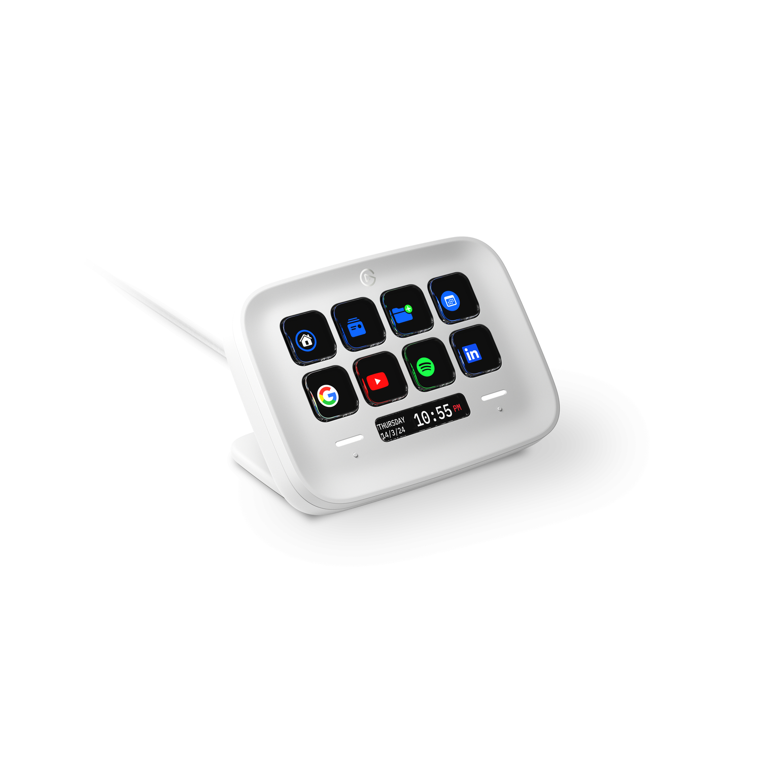 White control panel with various app icons and a time display.