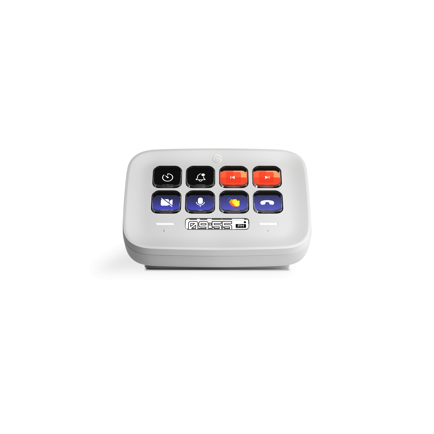 White control panel with multi-colored buttons, a display, and the Elgato logo.