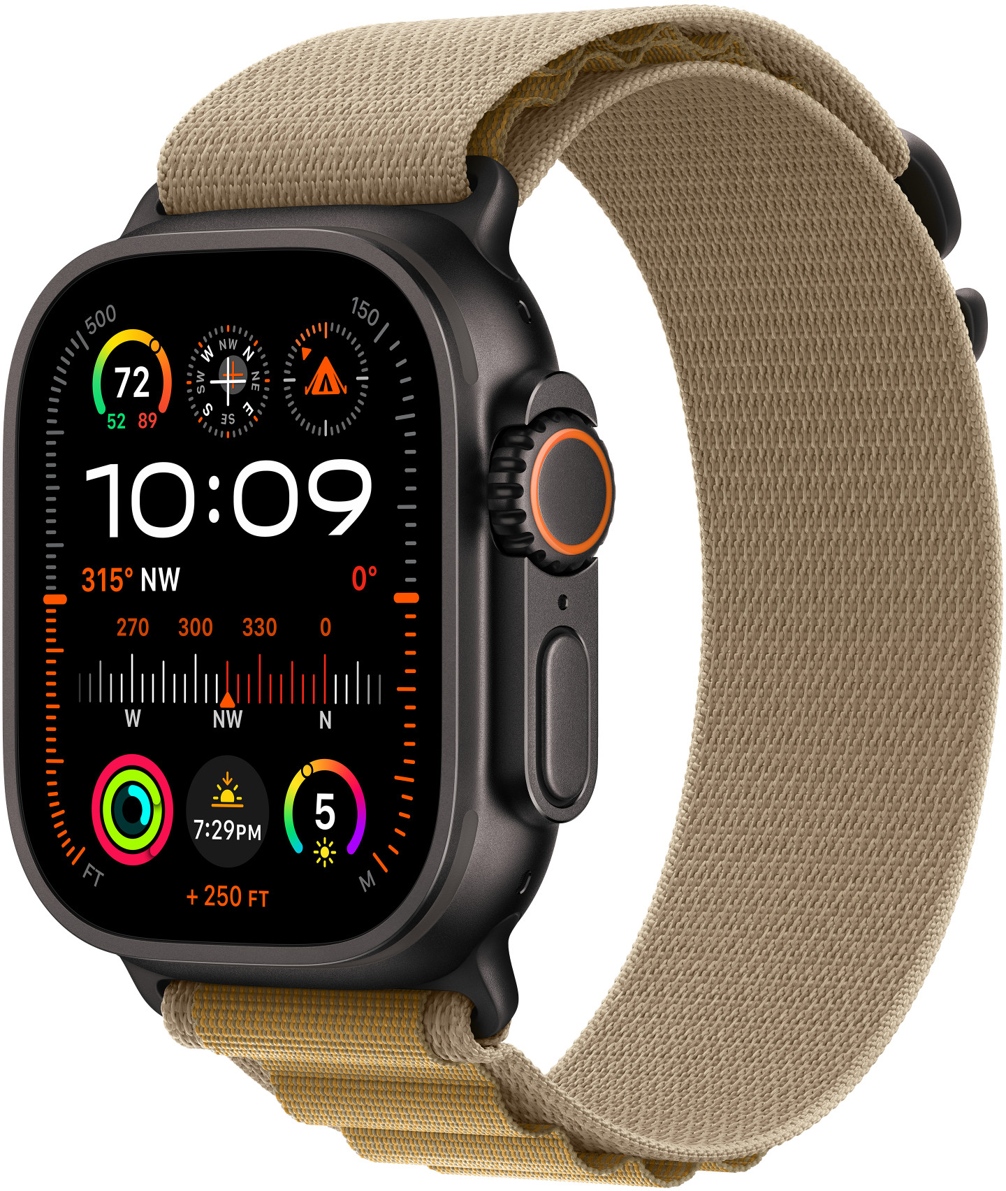 Apple Watch barna szíjjal, időt és funkciókat mutat.