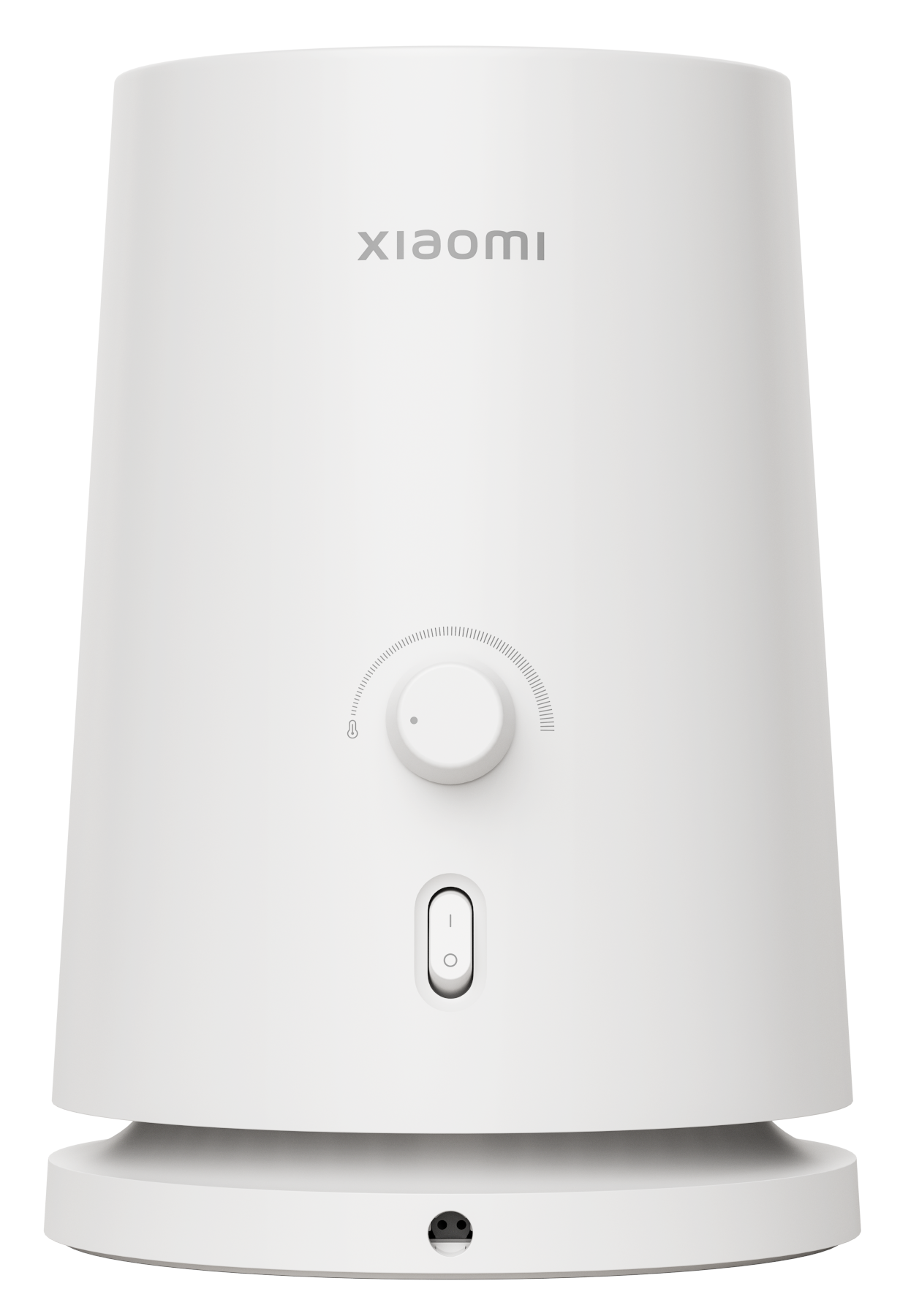 Fehér torony alakú eszköz, előlapon tárcsával és gombbal. Xiaomi logó felül.
