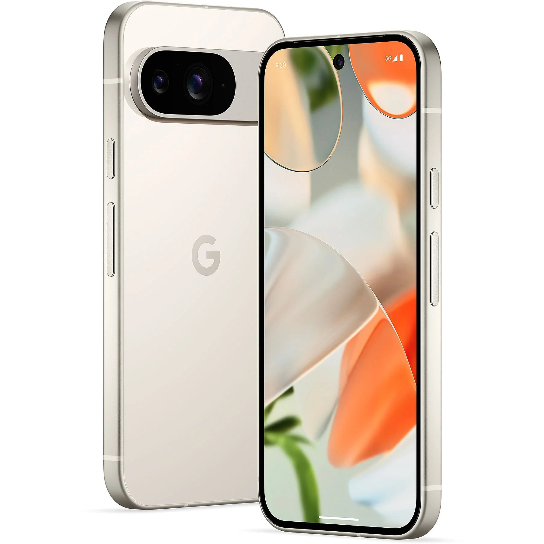Telefon Google Pixel, z widokiem z tyłu i przodu, biały kolor i czarna kamera.