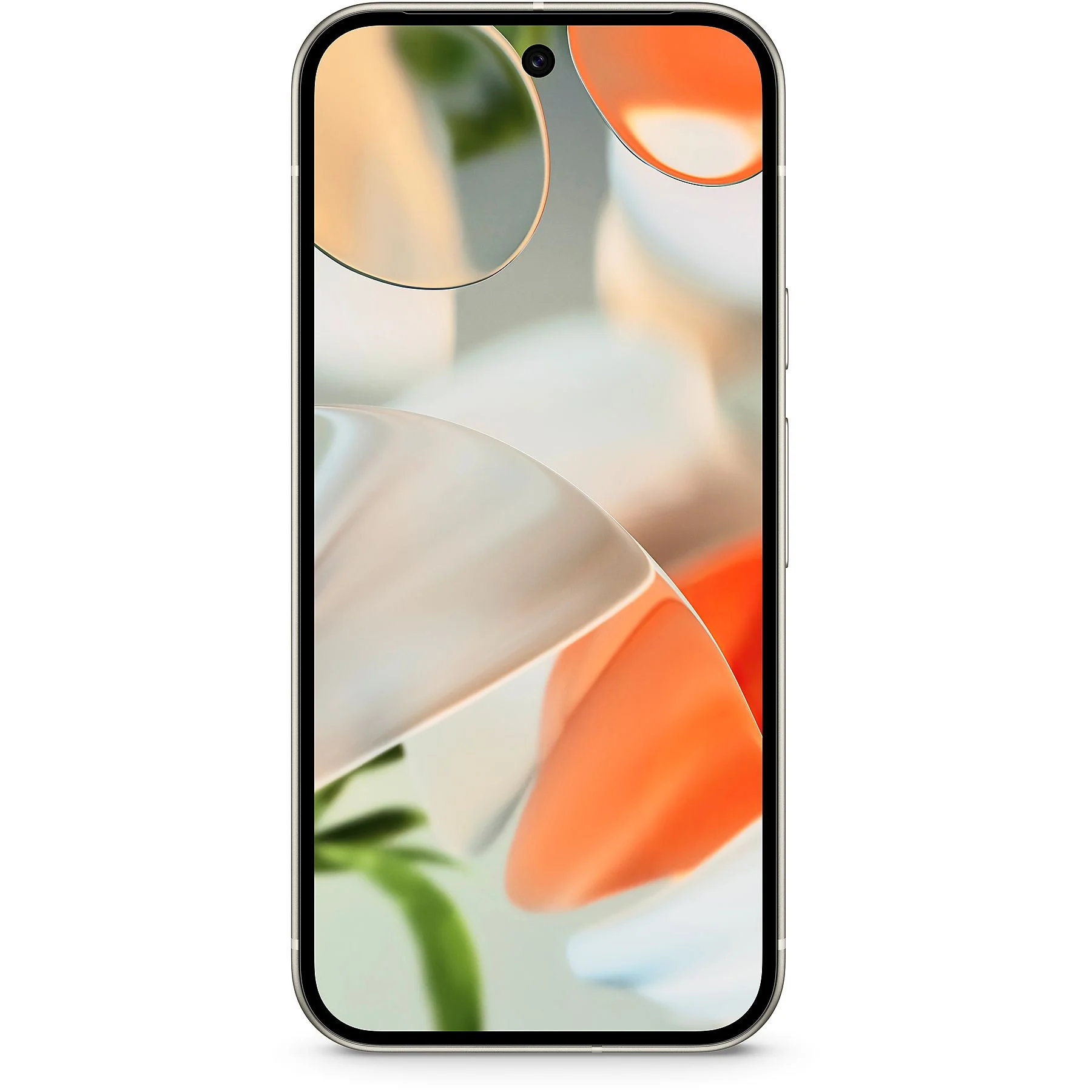 Smartfon z zakrzywionym ekranem, pokazujący rozmyty abstrakcyjny pomarańczowo-biały wzór.