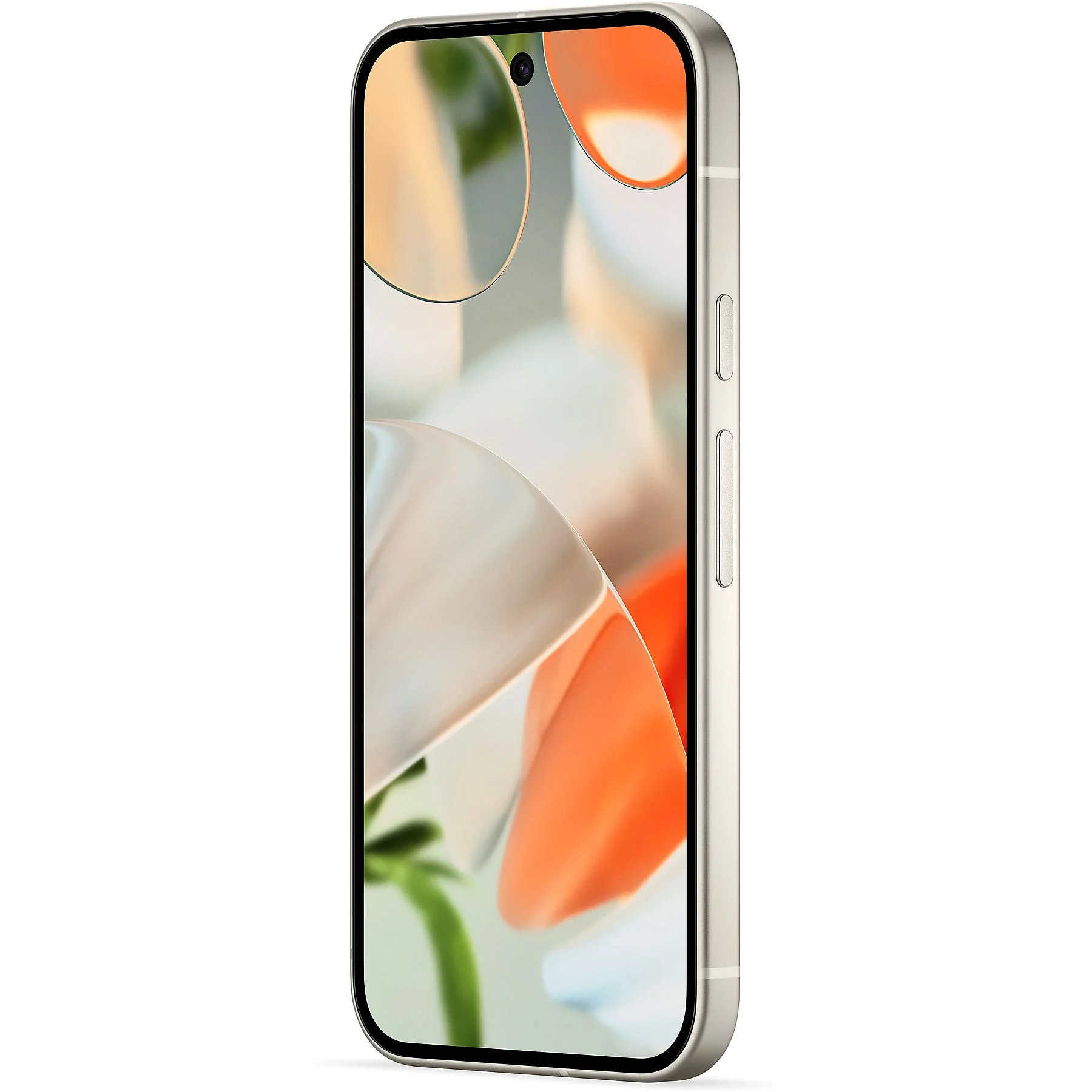 Smartfon z ekranem wyświetlającym abstrakcyjne kolory pomarańczowy i kremowy.