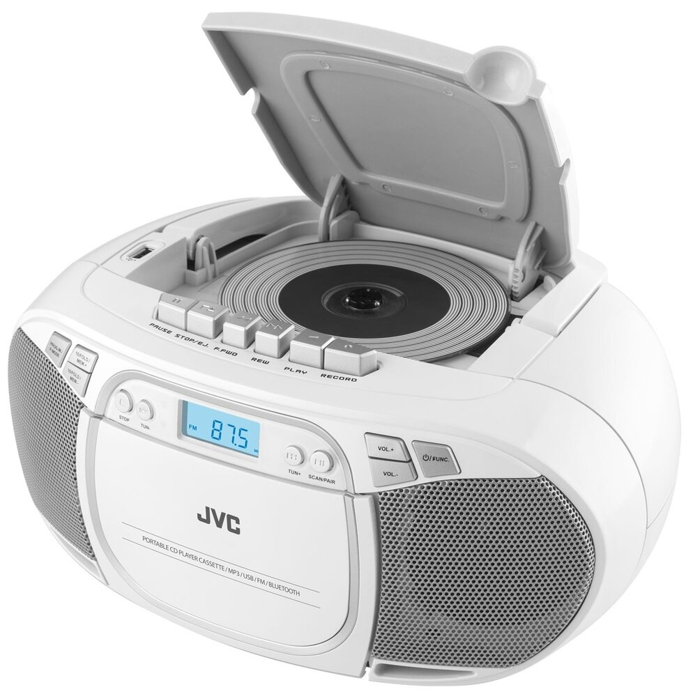 Biały przenośny odtwarzacz CD/radio JVC. Otwarty. Srebrne przyciski i ekran.