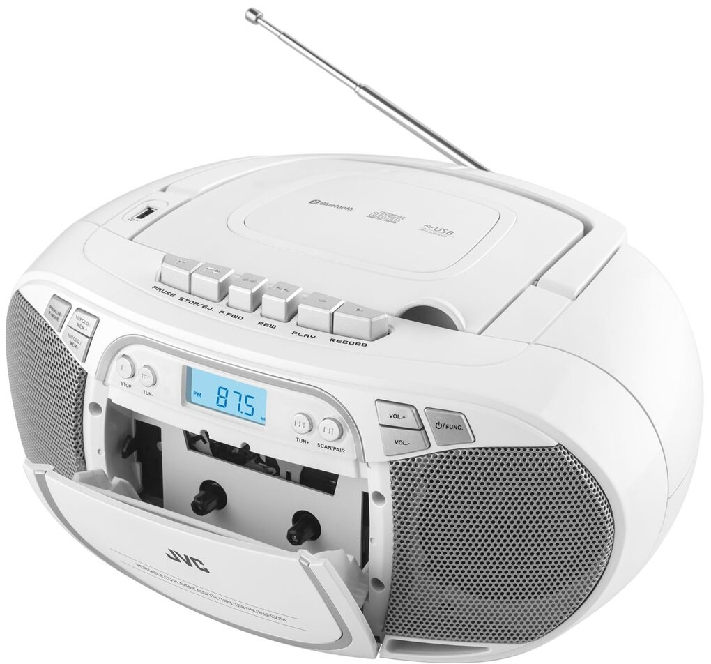 Biały przenośny odtwarzacz CD/radio z otwartymi drzwiczkami na kasetę, przyciskami i anteną.