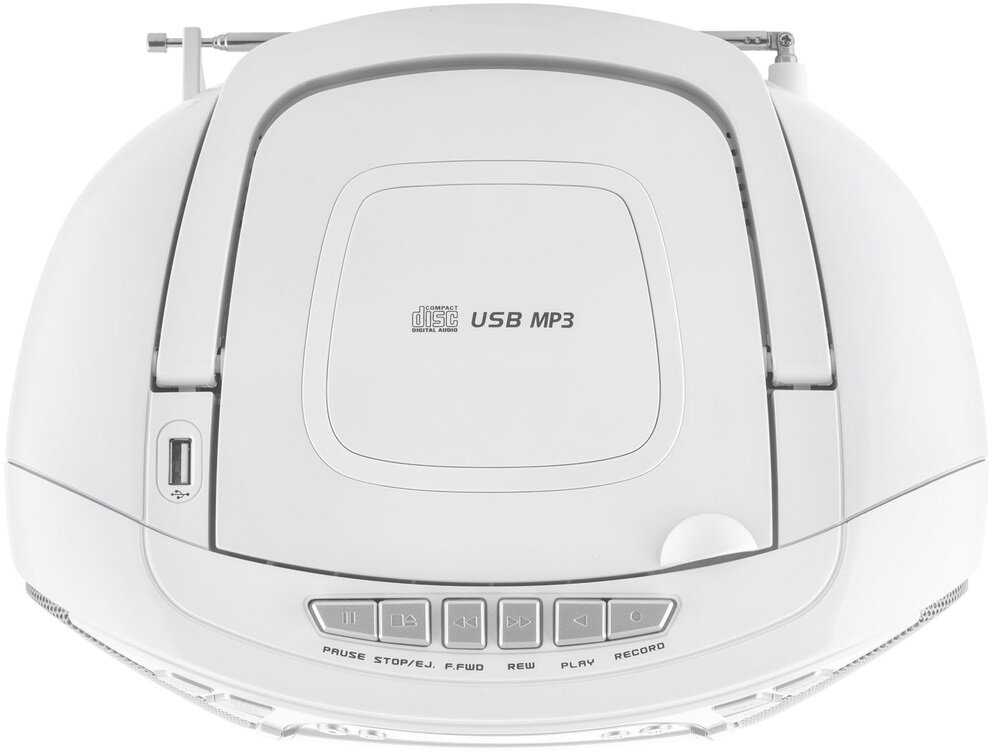 Biały boombox z funkcjami USB i MP3, z przyciskami i anteną.