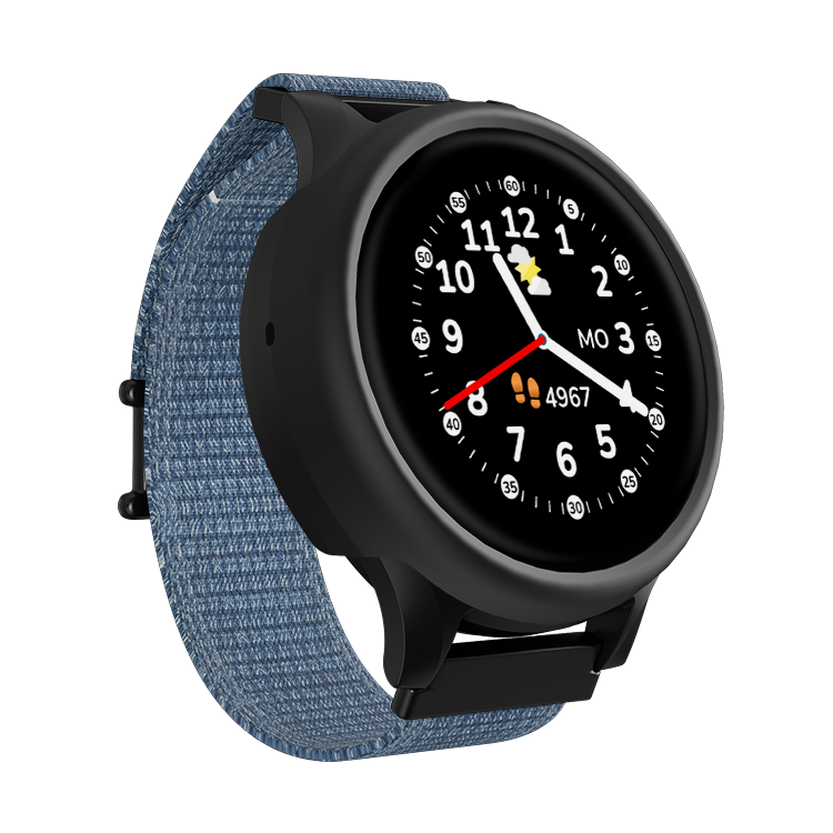 Smartwatch mit blauem Jeans-Armband, schwarzem Gehäuse und rundem Display.