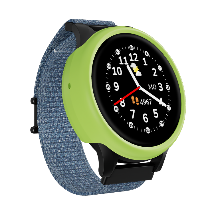 Eine Smartwatch mit grünem Rahmen und blauem Denim-Armband. Das Zifferblatt zeigt Zeit und Schritte.