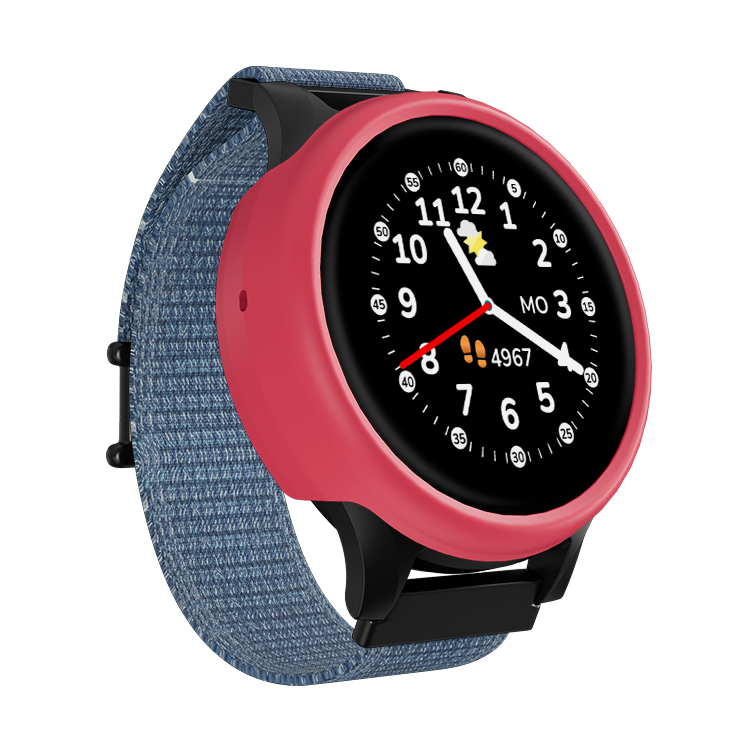 Smartwatch mit rotem Gehäuse. Die Uhr zeigt die Uhrzeit und Schritte.