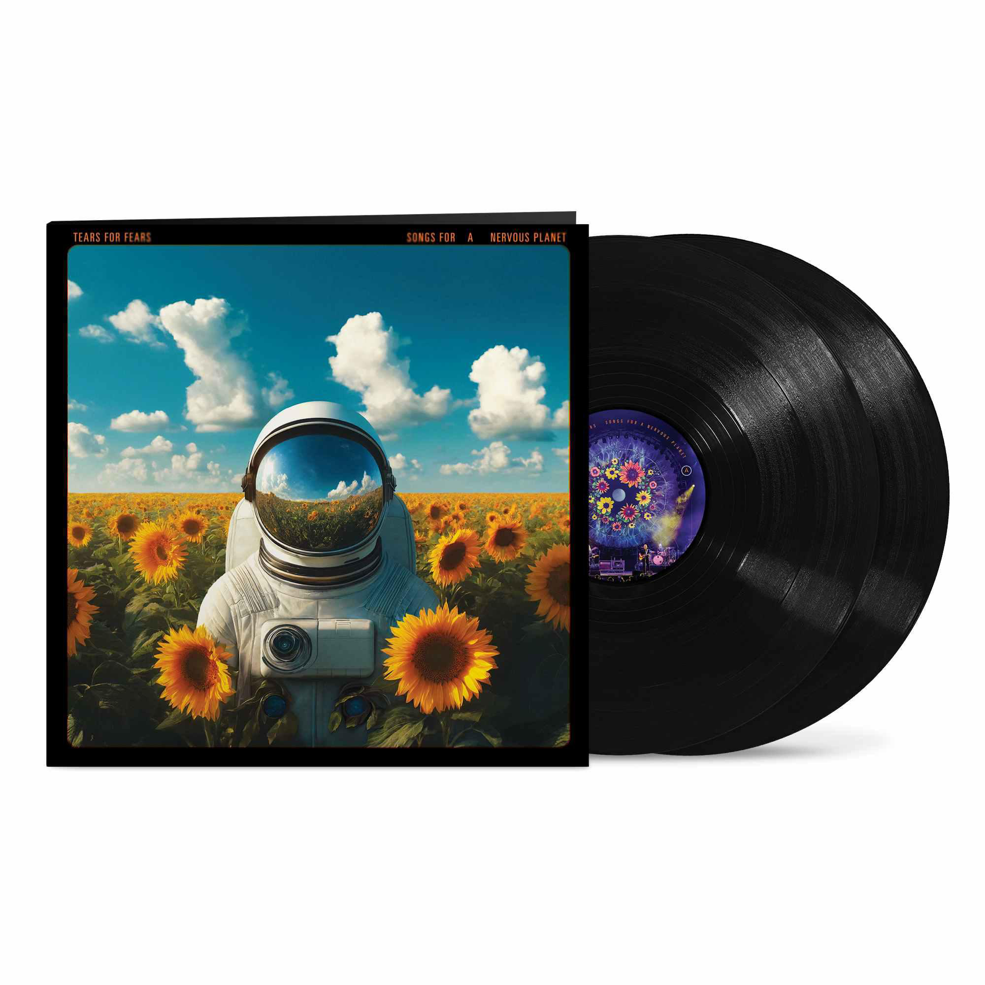Vinylplatte mit farbenfrohem Label in schwarzem Cover. Das Cover zeigt einen Astronauten in Sonnenblumen.