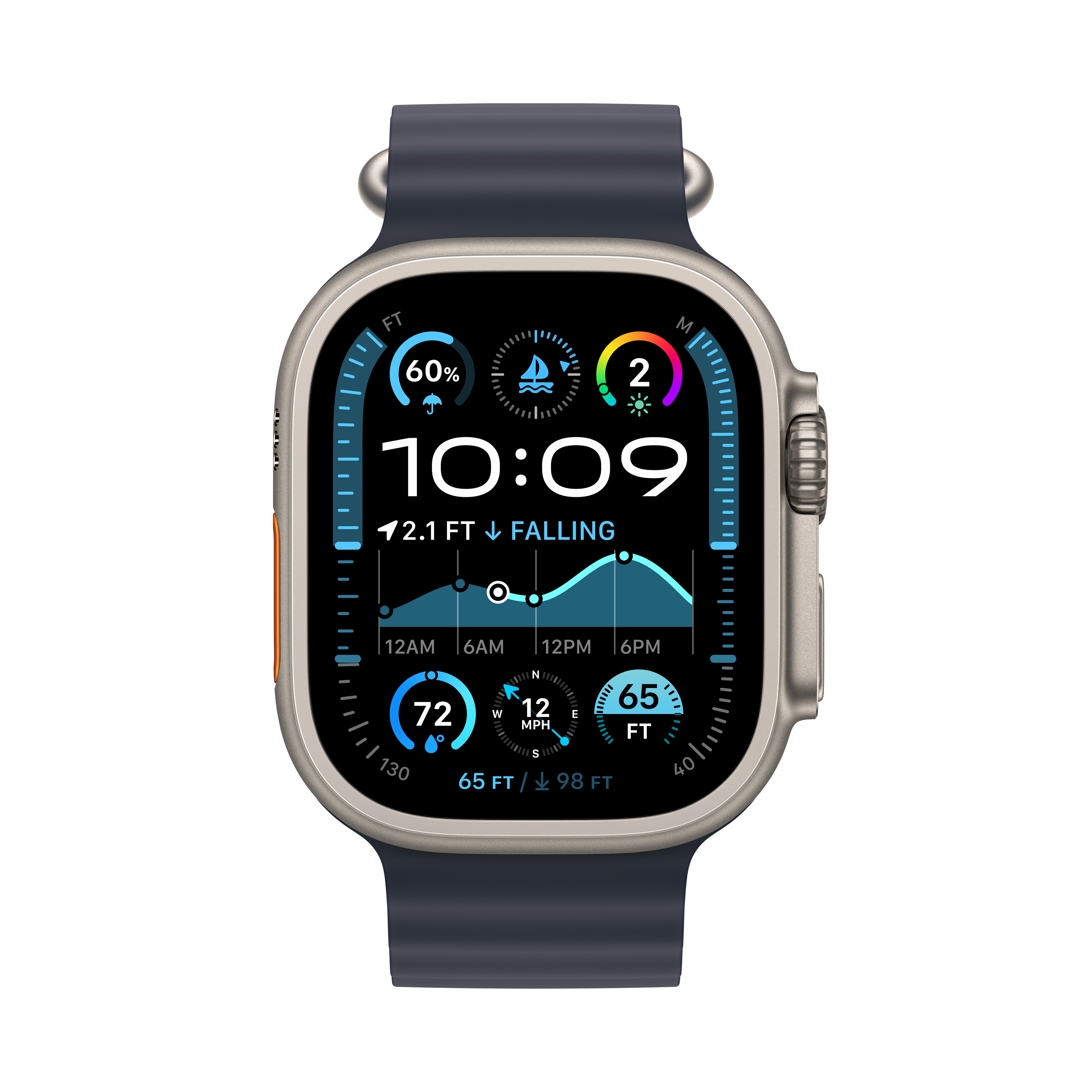 Apple Watch Ultra avec un bracelet bleu, affichant des métriques à l'écran, en gros plan.