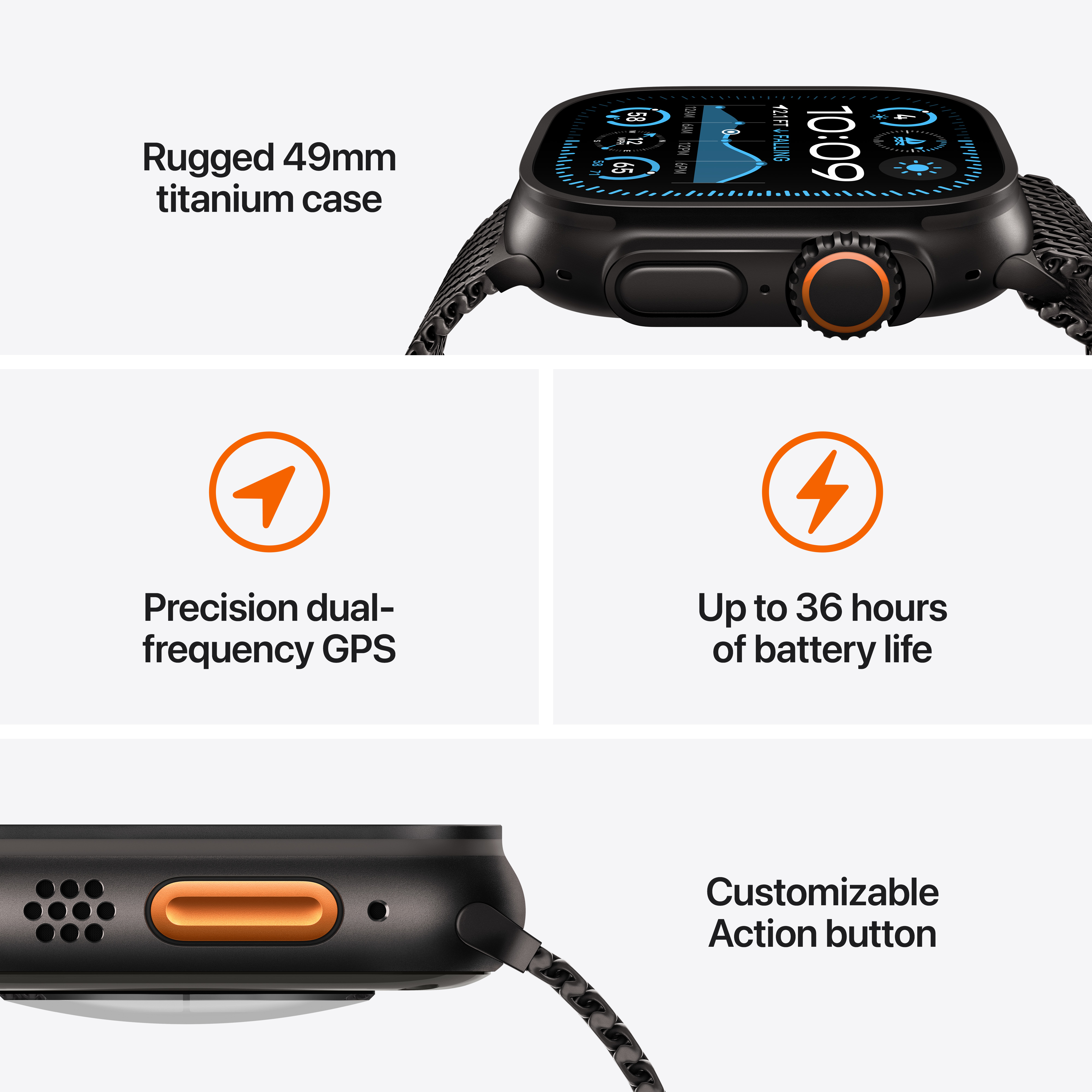 Montre avec fonctionnalités et informations sur le GPS, la batterie et le bouton.