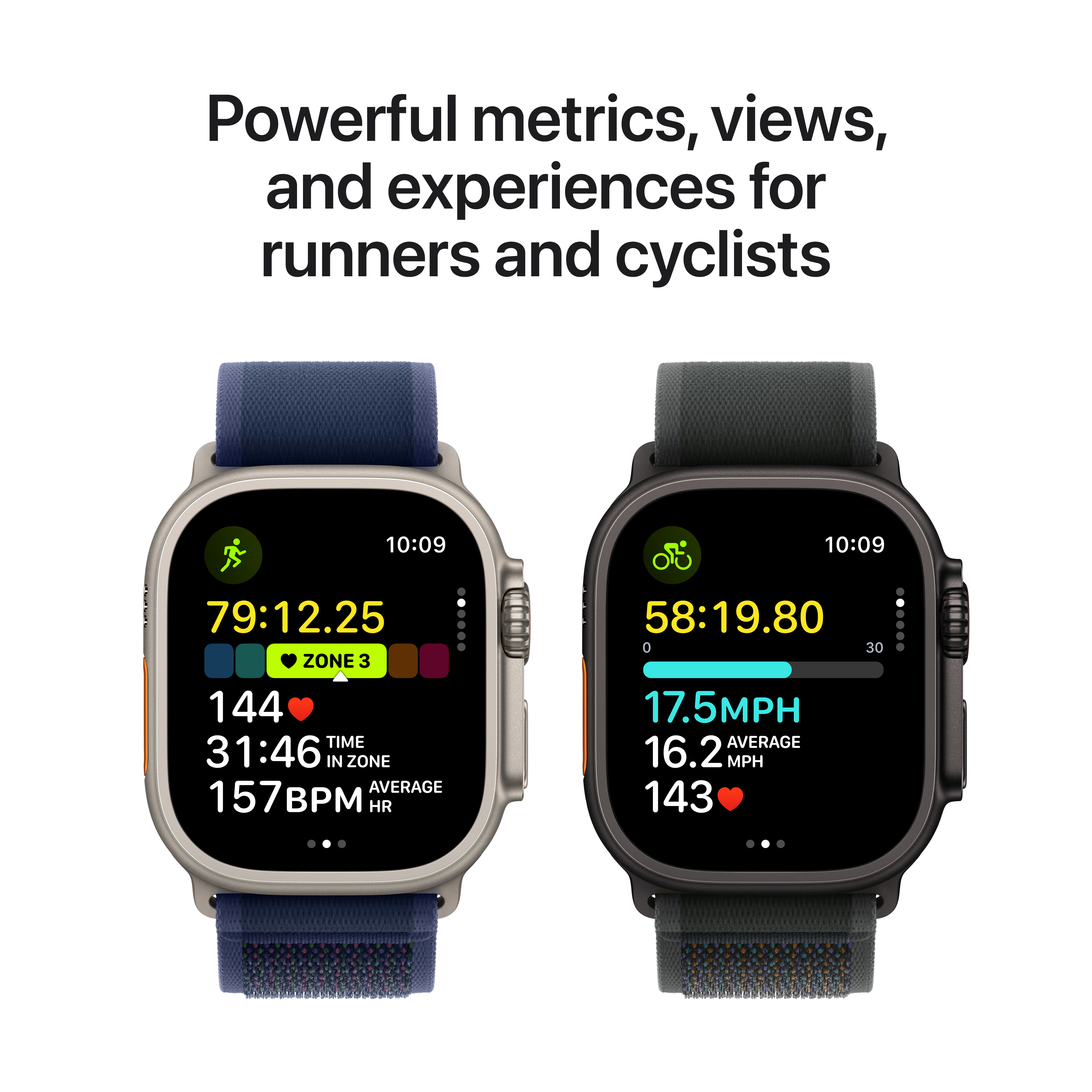 Deux Apple Watch affichant des métriques de coureur et de cycliste, avec données et heure.