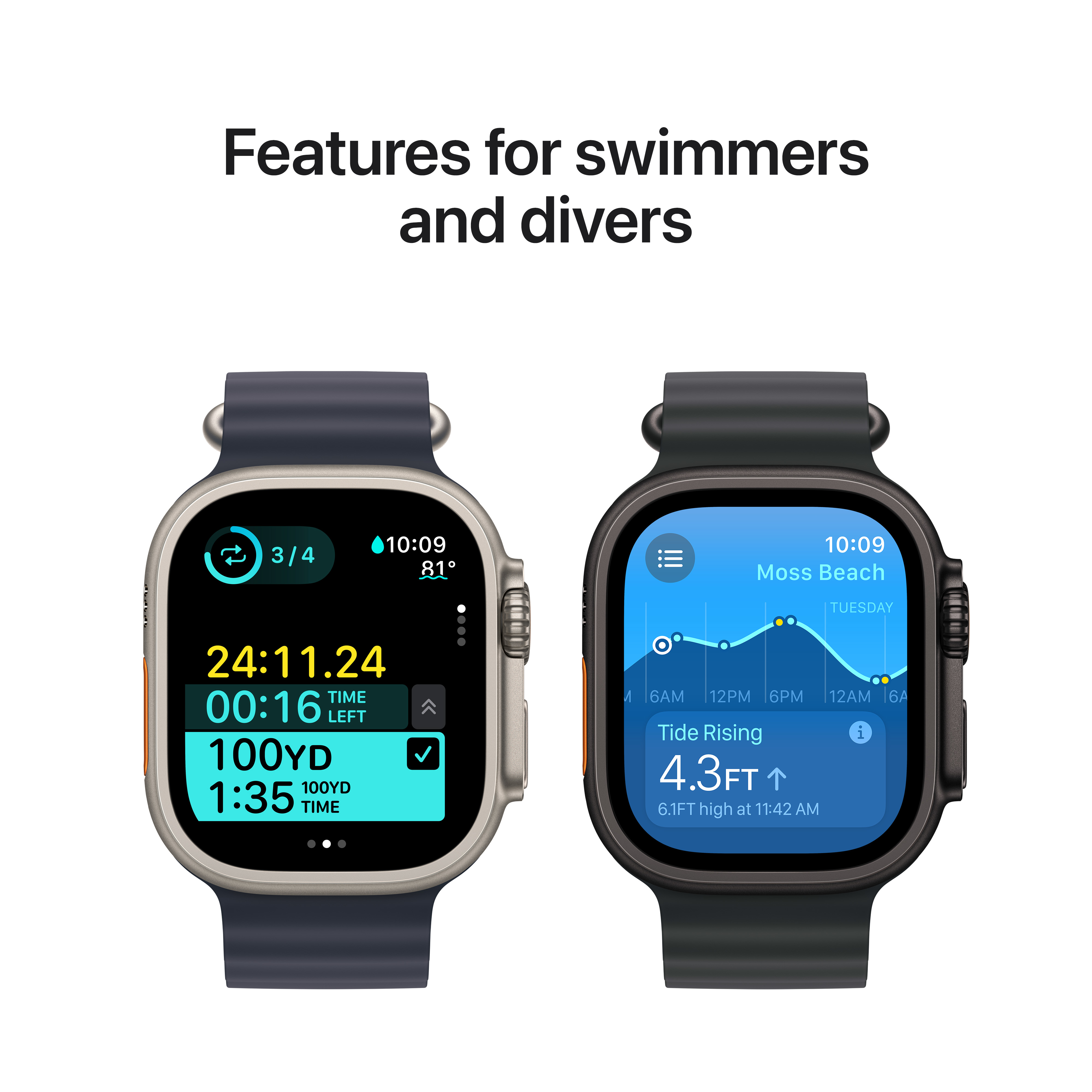 Deux montres intelligentes montrant les fonctionnalités pour les nageurs et les plongeurs, avec l'heure et les données.