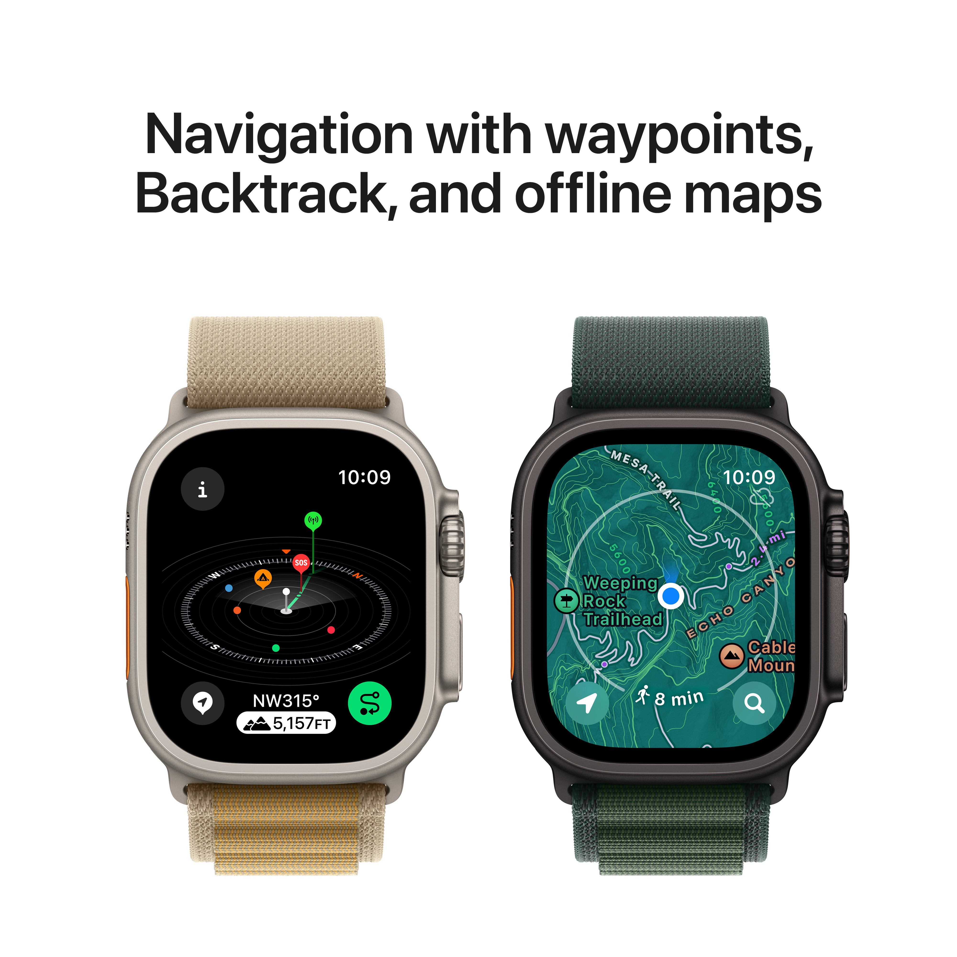Modèles Apple Watch Ultra avec fonctions de navigation affichées sur les cadrans. Des bracelets beiges et verts sont visibles.