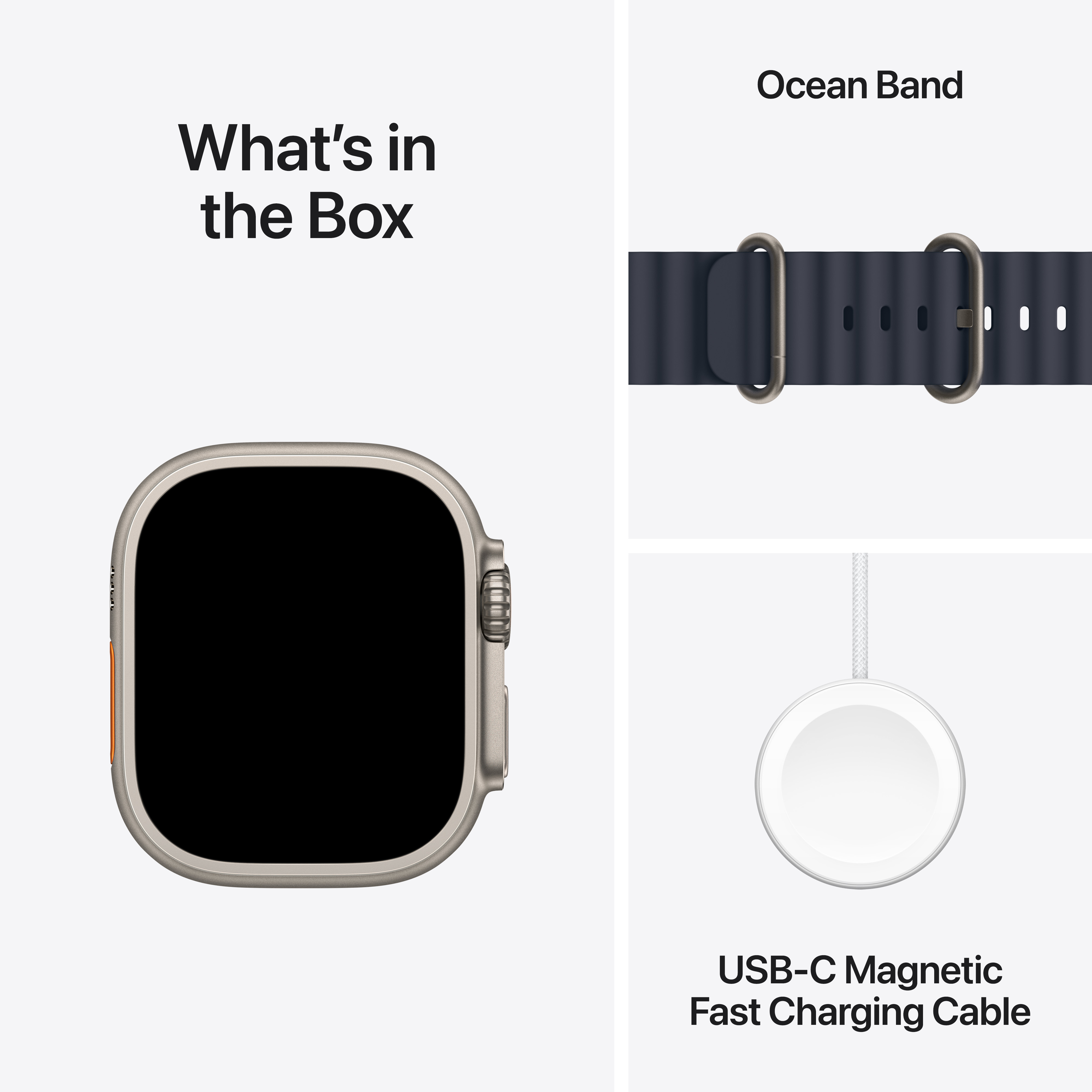 Image montrant l'Apple Watch, le bracelet Ocean et le câble de chargement USB-C, avec texte 'Ce qu'il y a dans la boîte'.