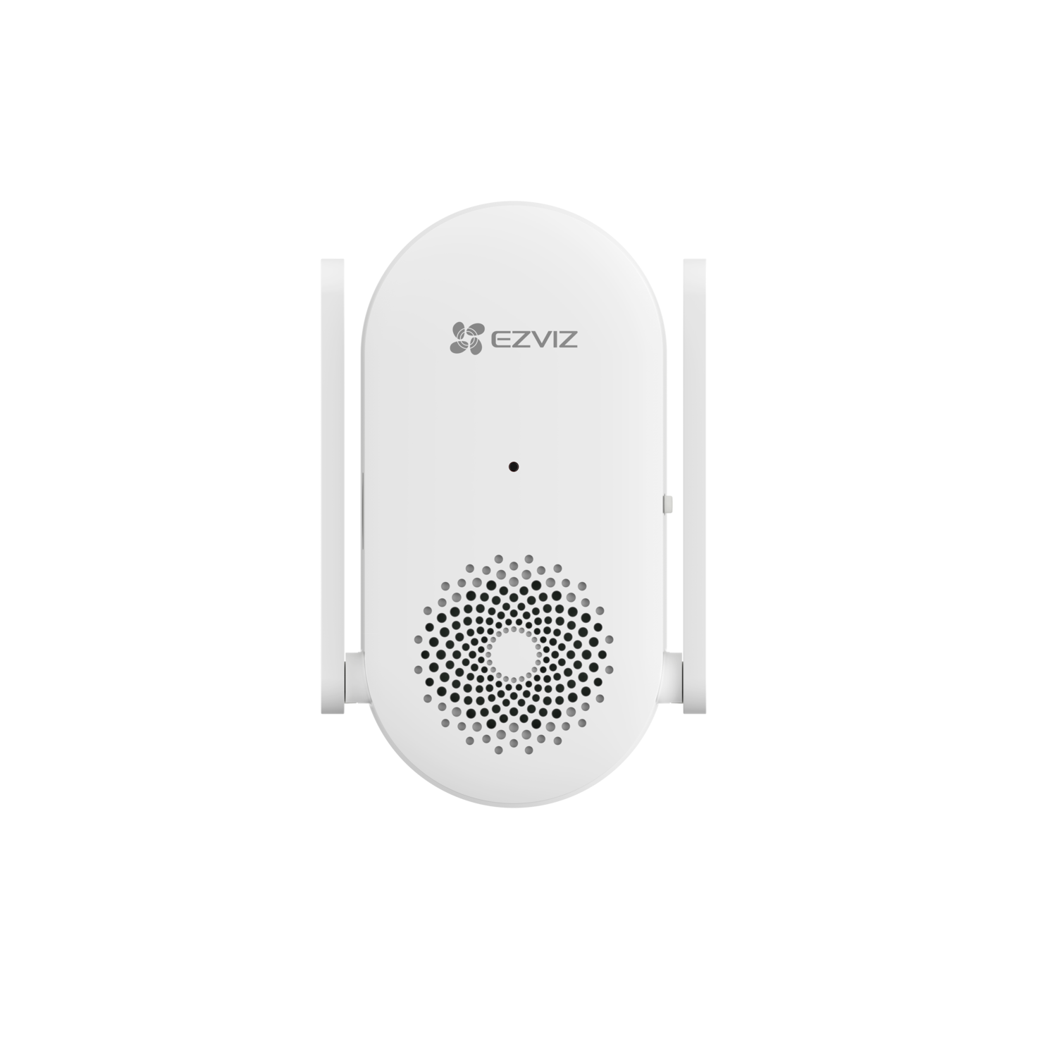 White EZVIZ security device with two antennas and a speaker. The EZVIZ logo is centered.