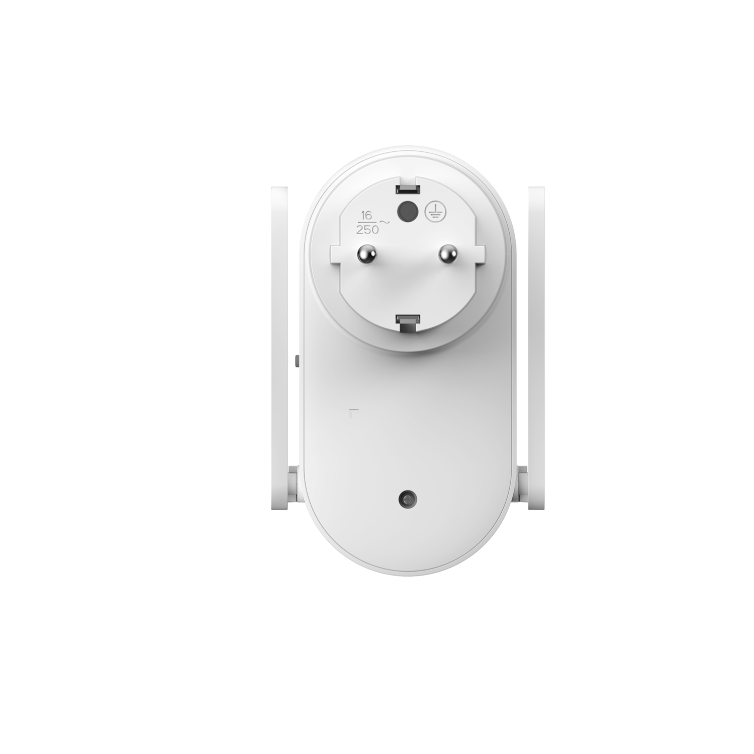 White electrical outlet extender with two antennas. Black background. A plug and socket are visible.