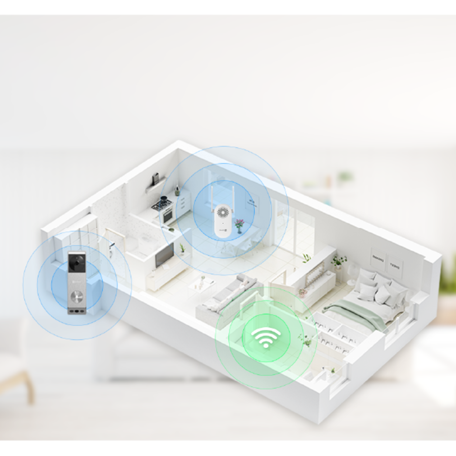 3D model of a house showing a smart home setup with a device and Wi-Fi.