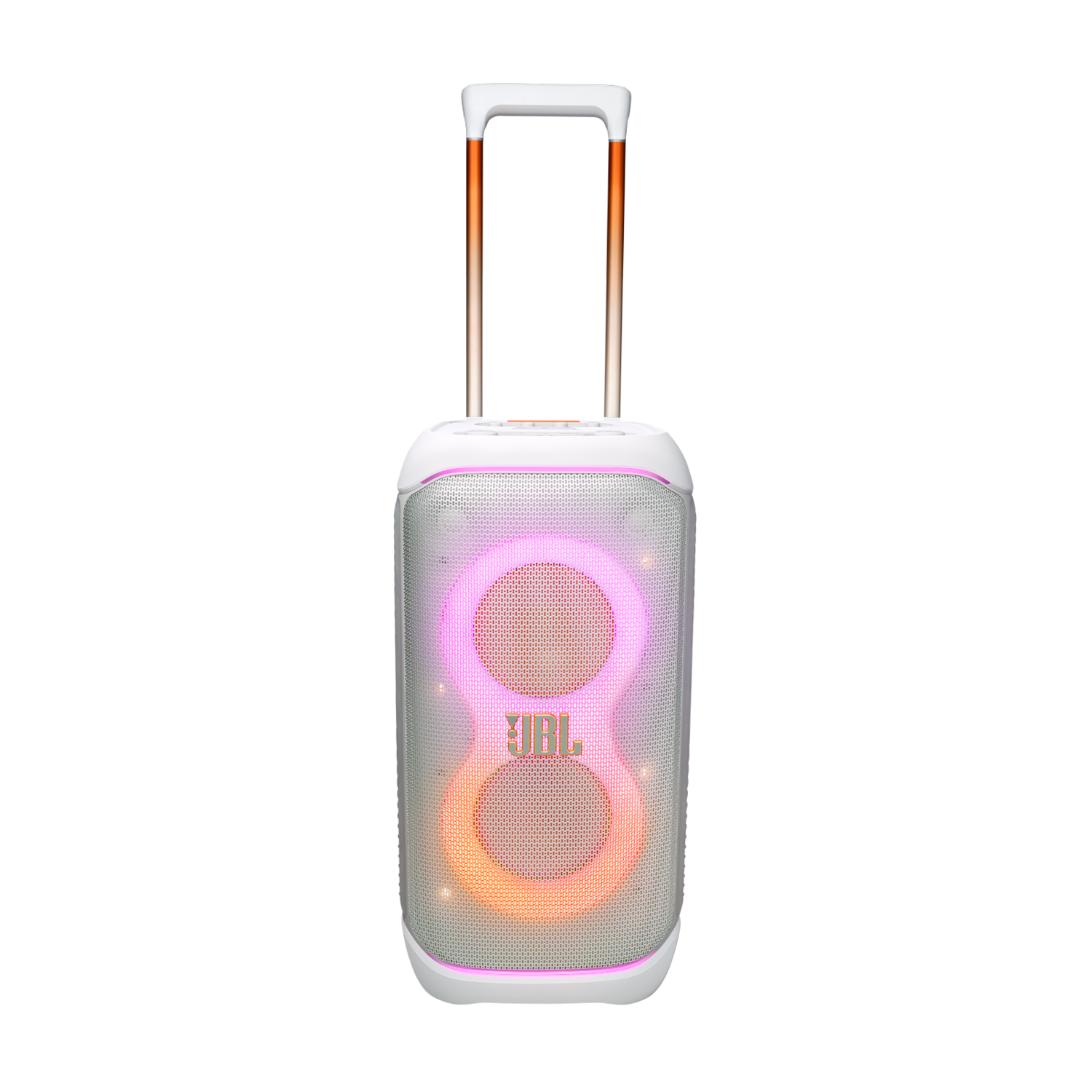 Een witte JBL-luidspreker met oranje en roze lichten, en een handvat.