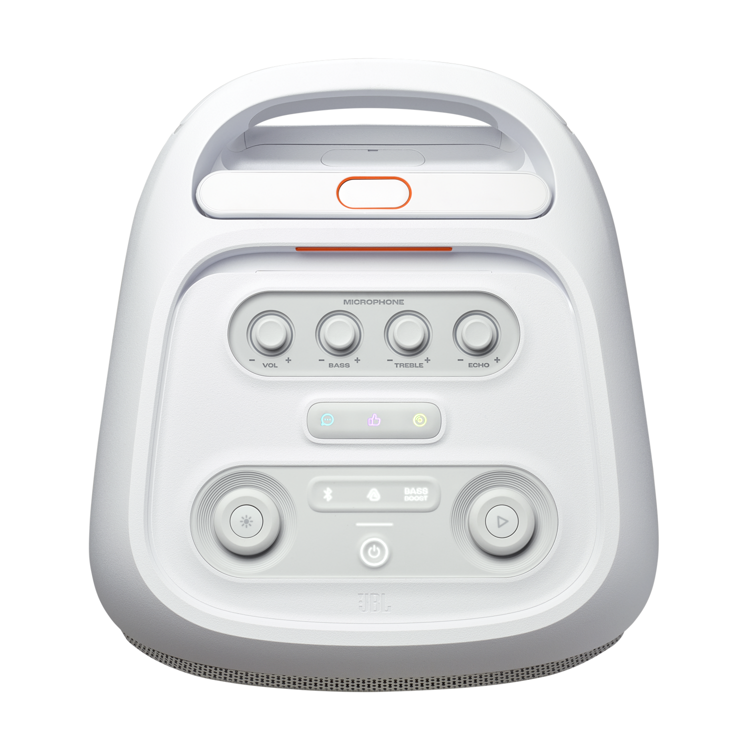 Een witte JBL-luidspreker met bedieningsknoppen en een microfoon, op een zwarte achtergrond.