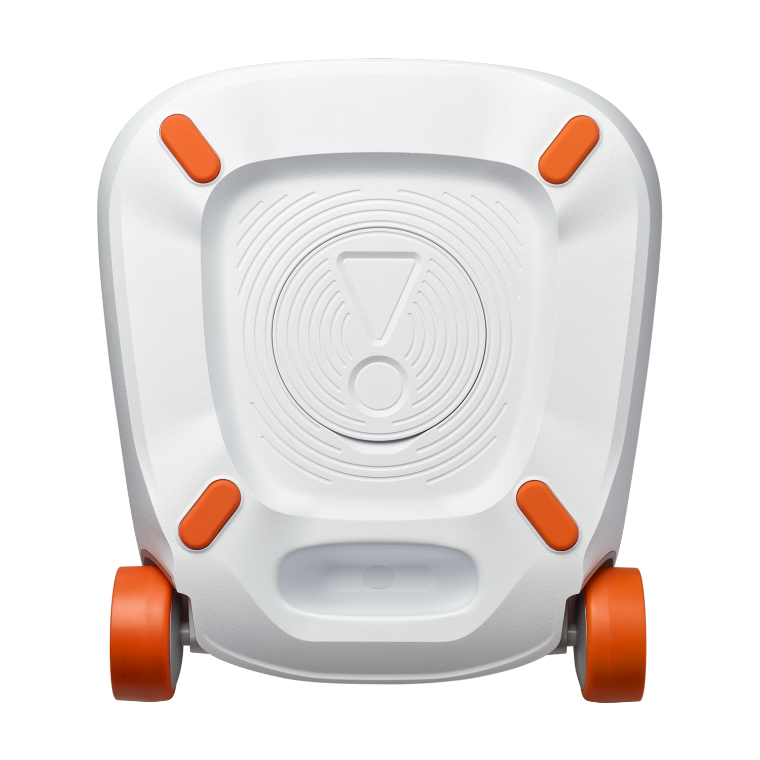 Witte speaker met oranje accenten en wielen, tegen een zwarte achtergrond.