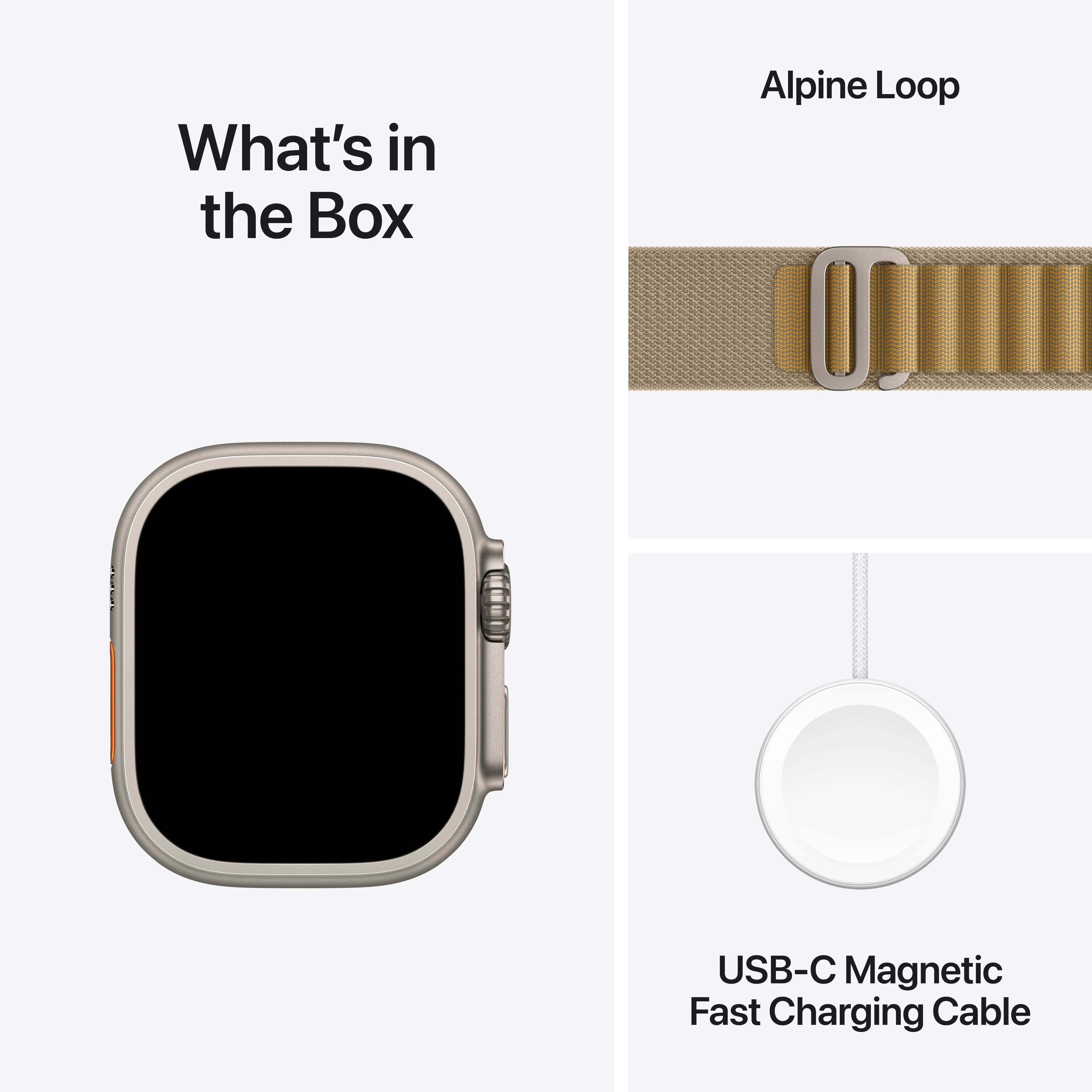 Apple Watch Ultra, Alpine Loop Band und Ladekabel, in einer Box dargestellt.