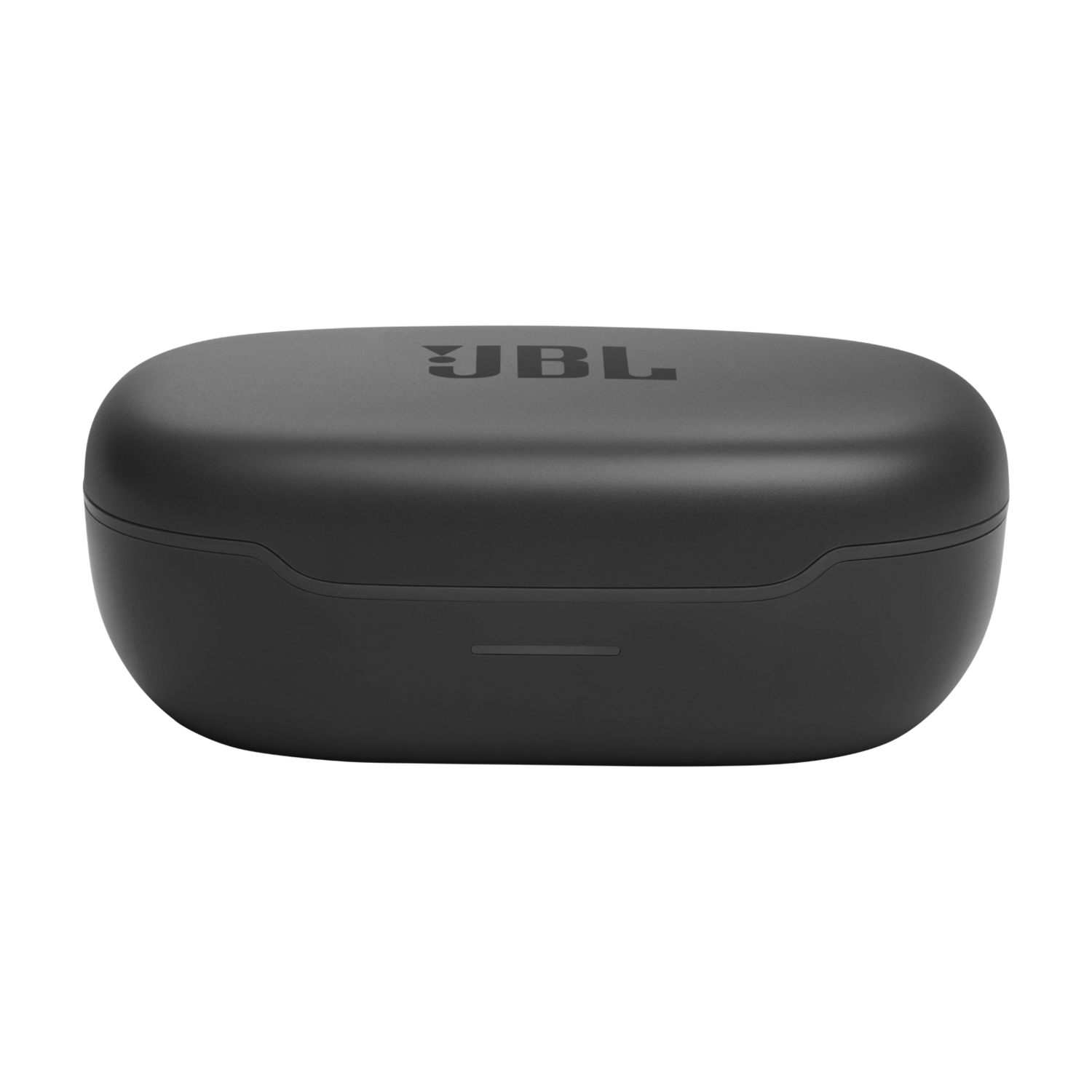 Een zwarte JBL oplaadcase voor oordopjes, met het JBL-logo op de deksel.