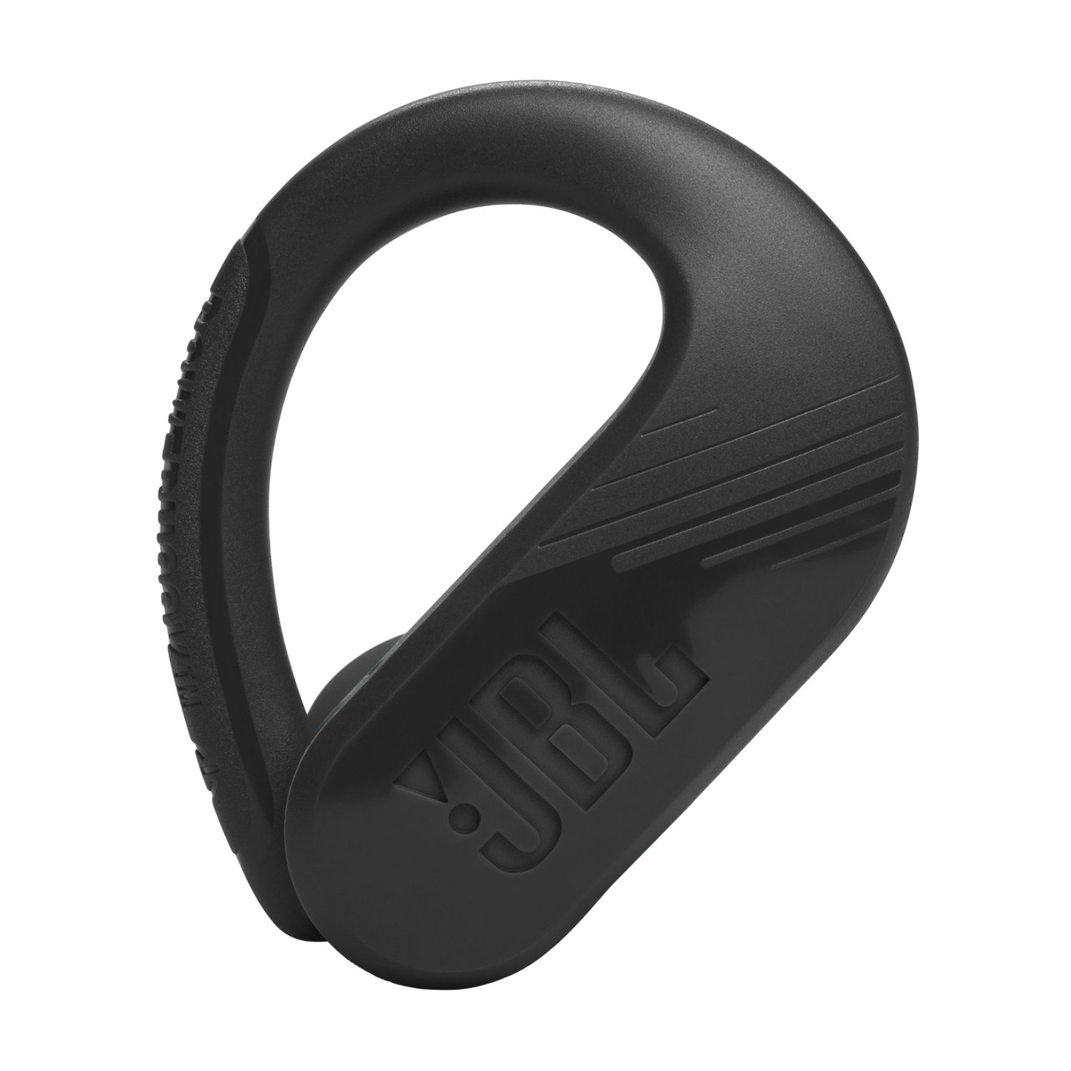 Zwarte JBL draadloze oordop. Het heeft een uniek gebogen ontwerp. Het is zwart.