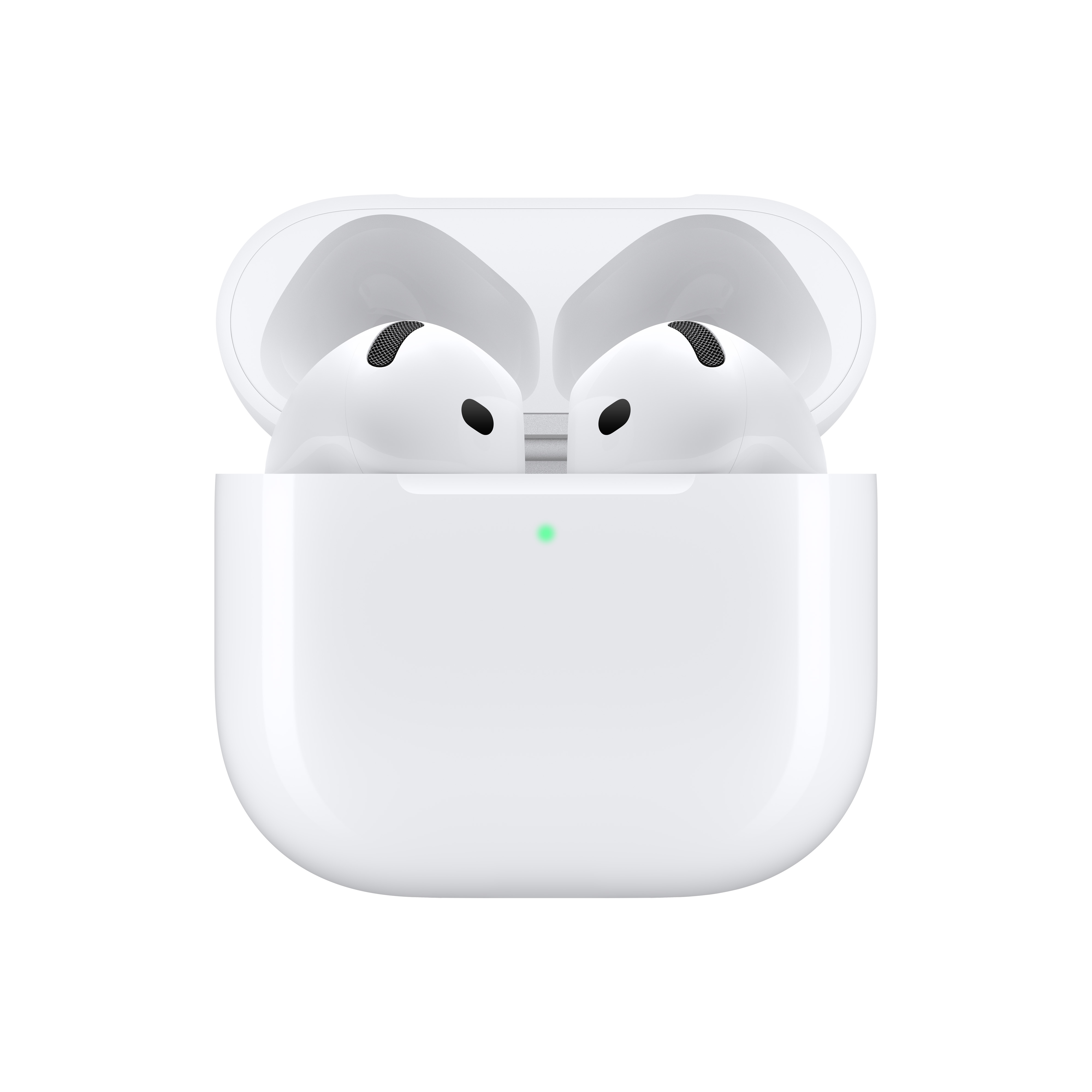 Weißes AirPods Pro-Etui mit zwei AirPods darin, geöffnet, mit grünem Licht.