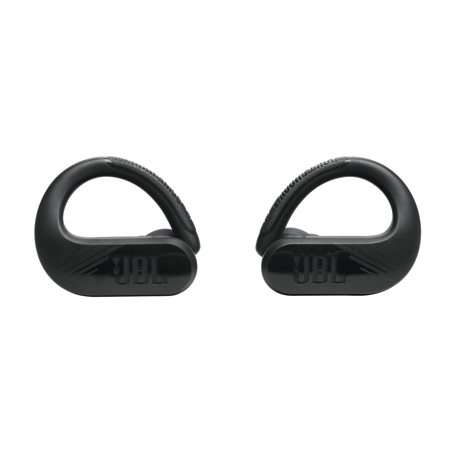 Twee zwarte JBL oorhaken op een zwarte achtergrond.