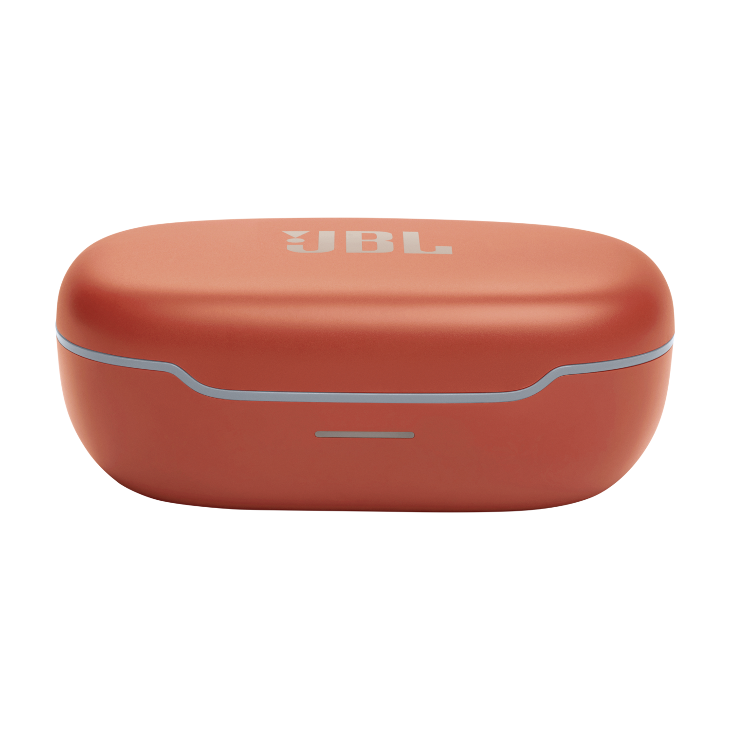 Oranje oortelefoonhoesje met het JBL-logo. Zwarte achtergrond. Witte achtergrond.
