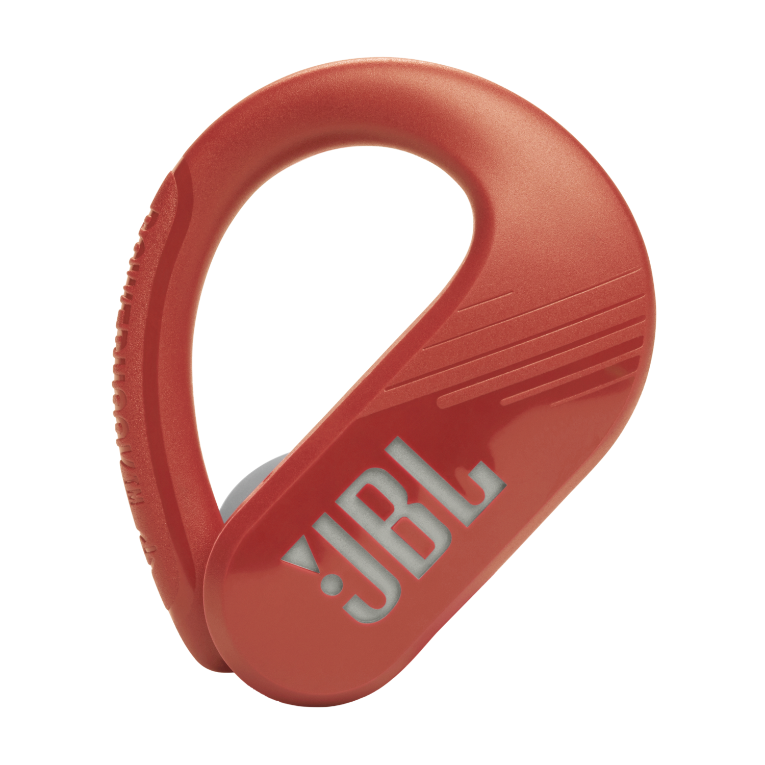 Rode JBL-oortelefoon. Het heeft het JBL-logo in wit. Hoekig ontwerp met een oorhaak.