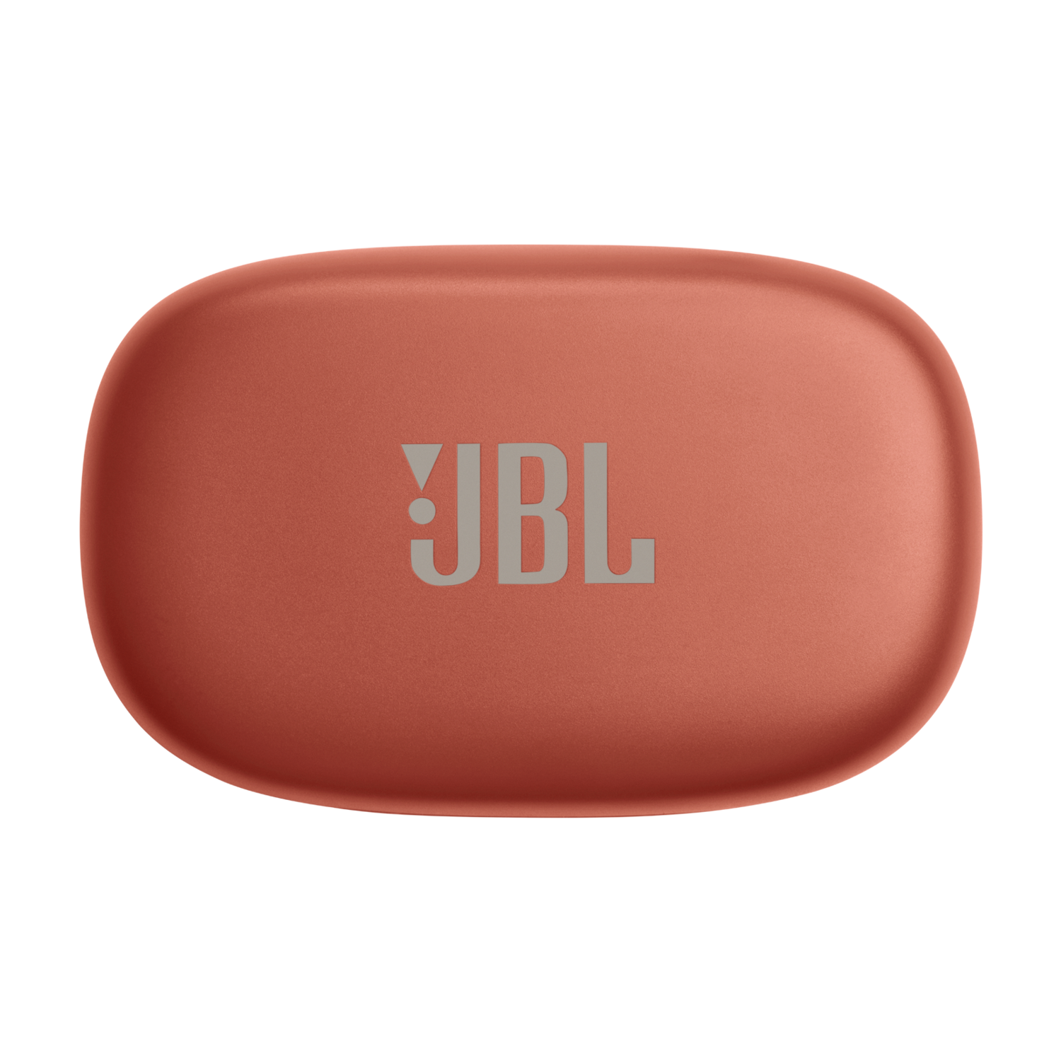 Een gesloten, roestkleurige JBL oortjes case. Het JBL logo is zichtbaar in het midden.