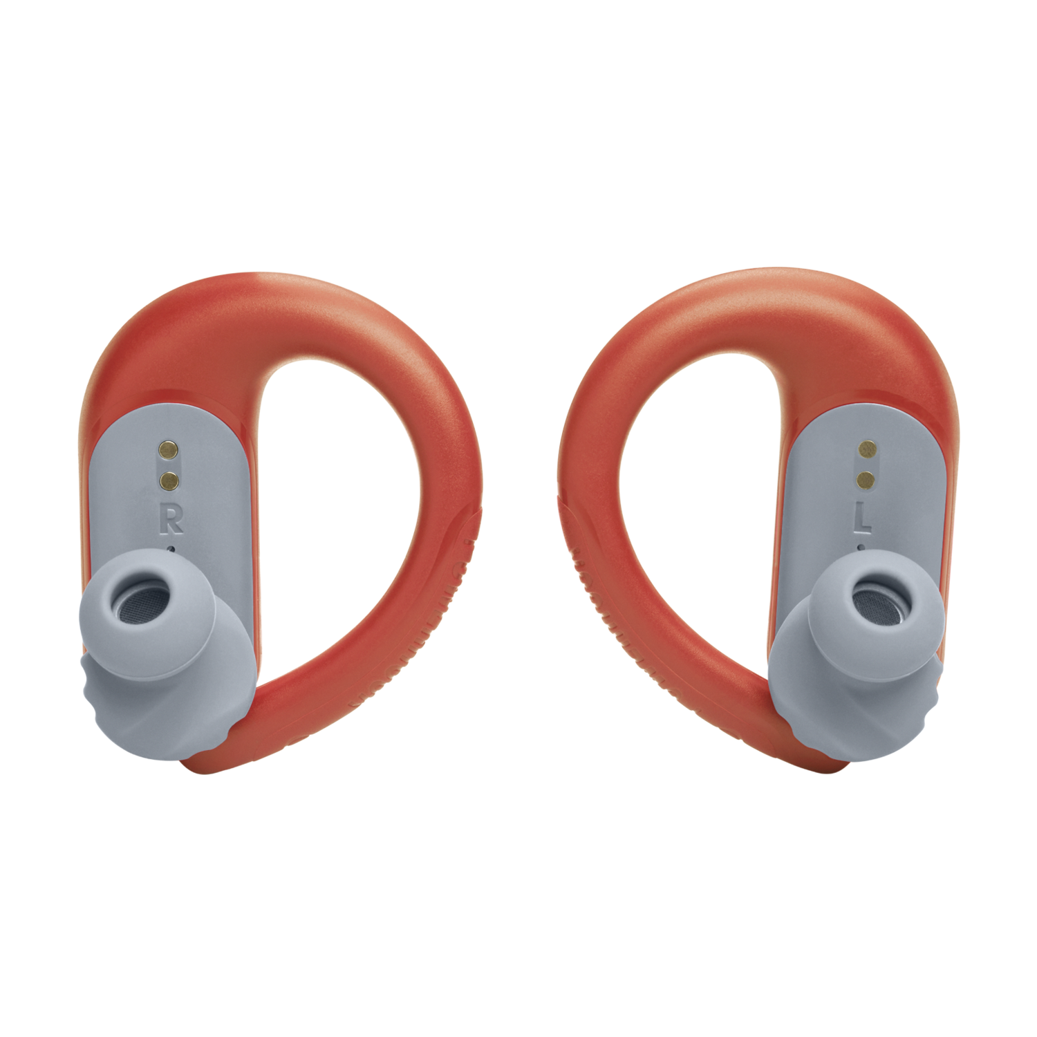 Twee oranje JBL oordopjes met grijze uiteinden. Ontworpen om over het oor te haken.