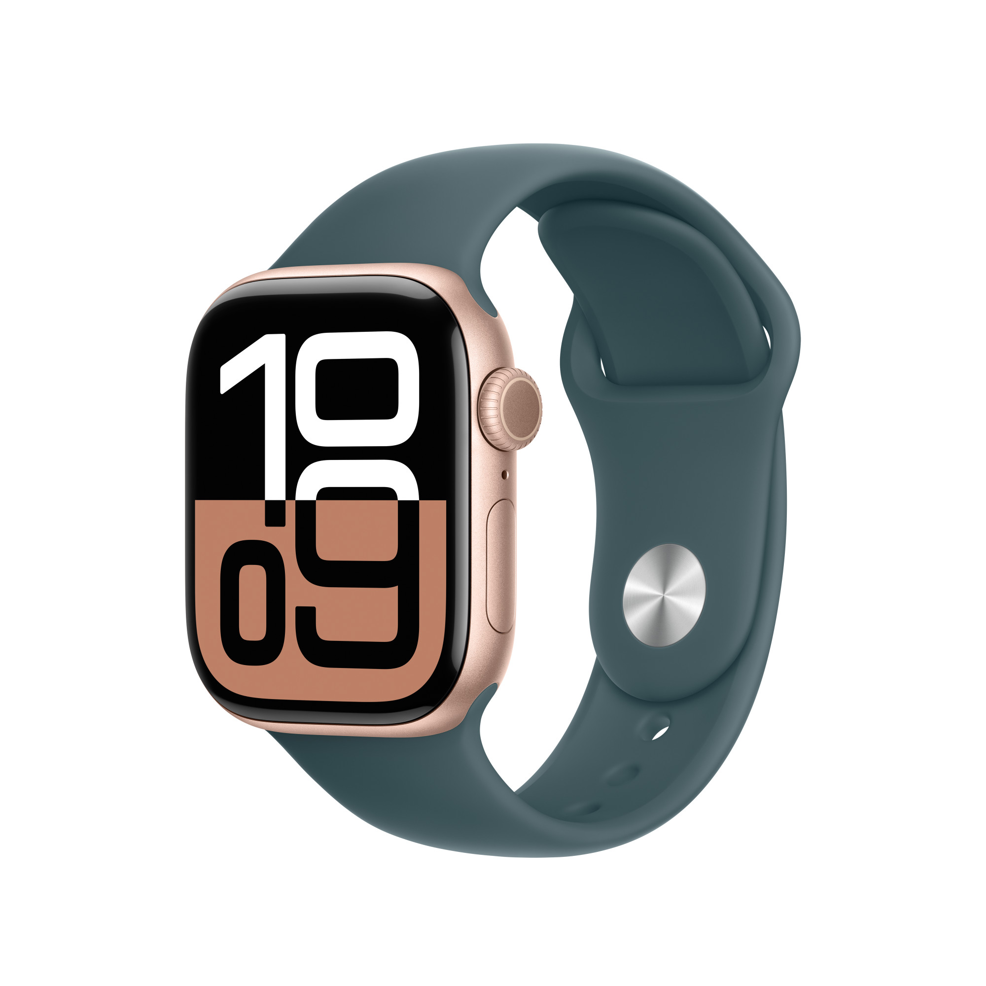 Egy Apple Watch arany tokkal és türkiz sport szíjjal, az időt mutatva.