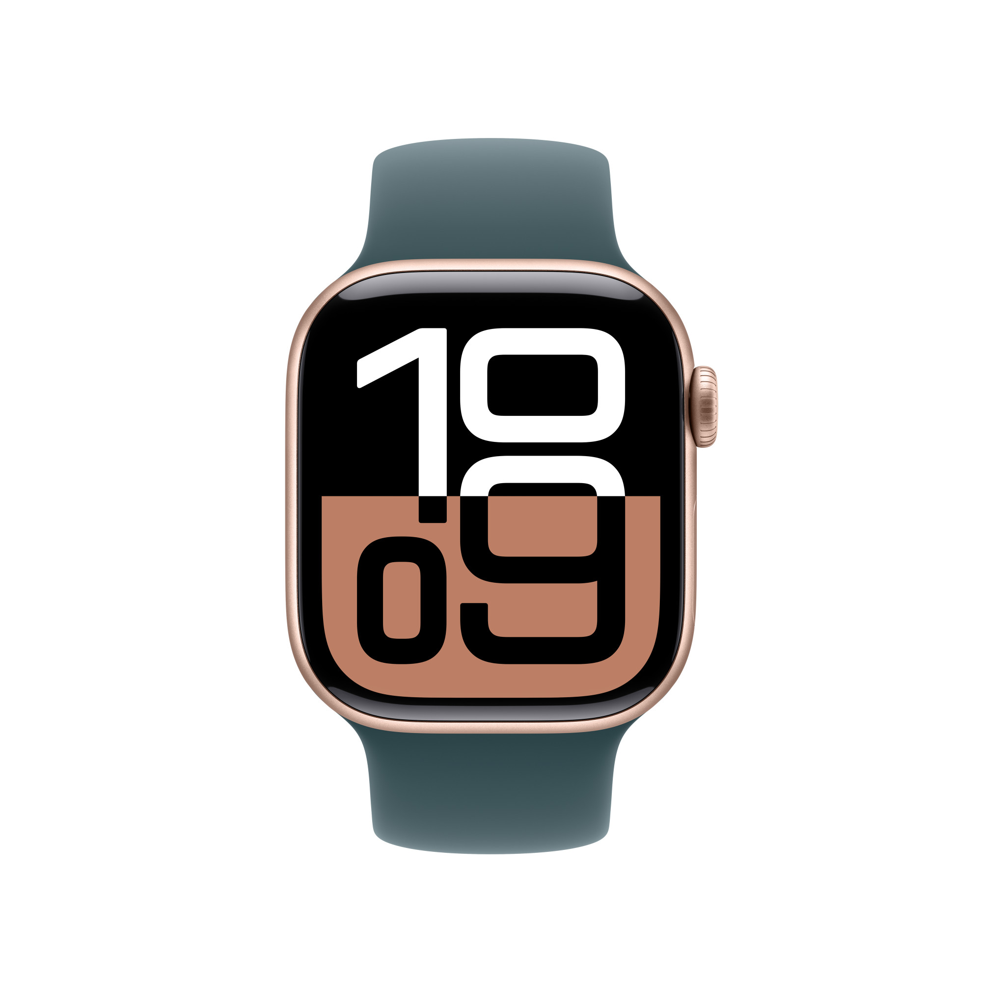Apple Watch türkizkék szíjjal. Az óralapon az idő: 19:09.