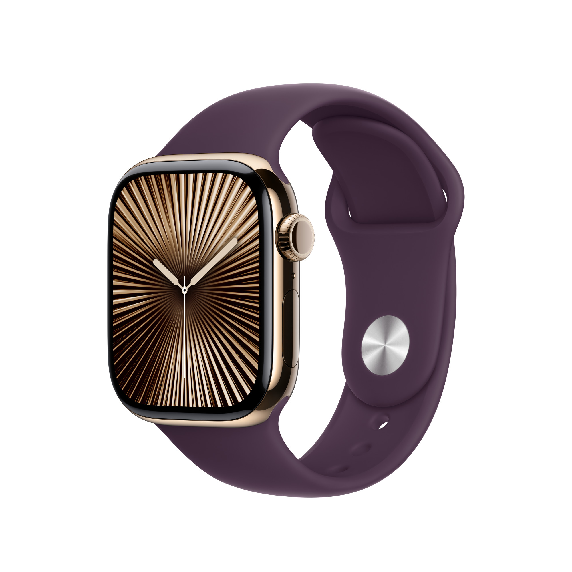 Apple Watch arany tokkal és lila szíjjal. Az óralap sugárirányú mintázatú.