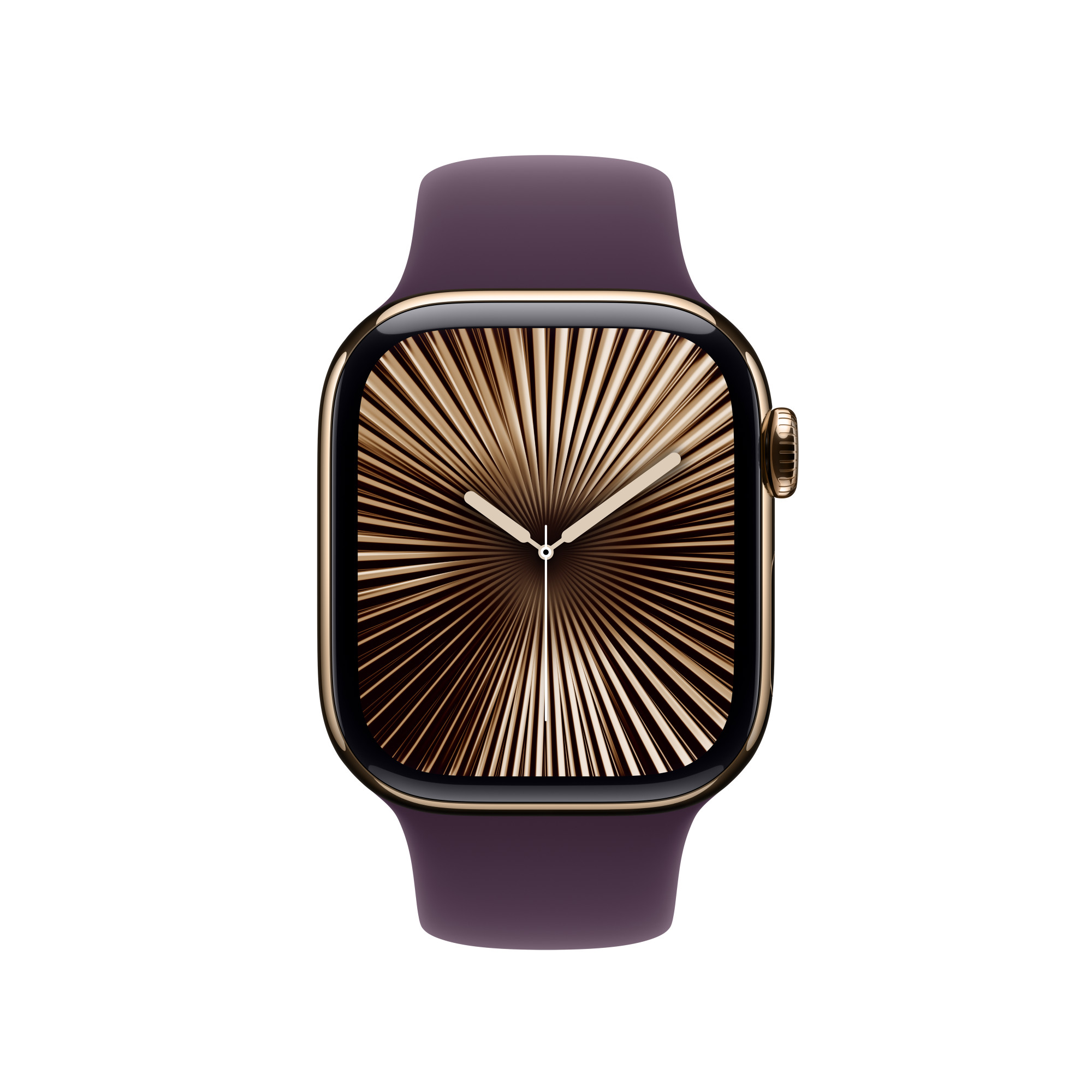 Apple Watch lila szíjjal és arany számlappal.