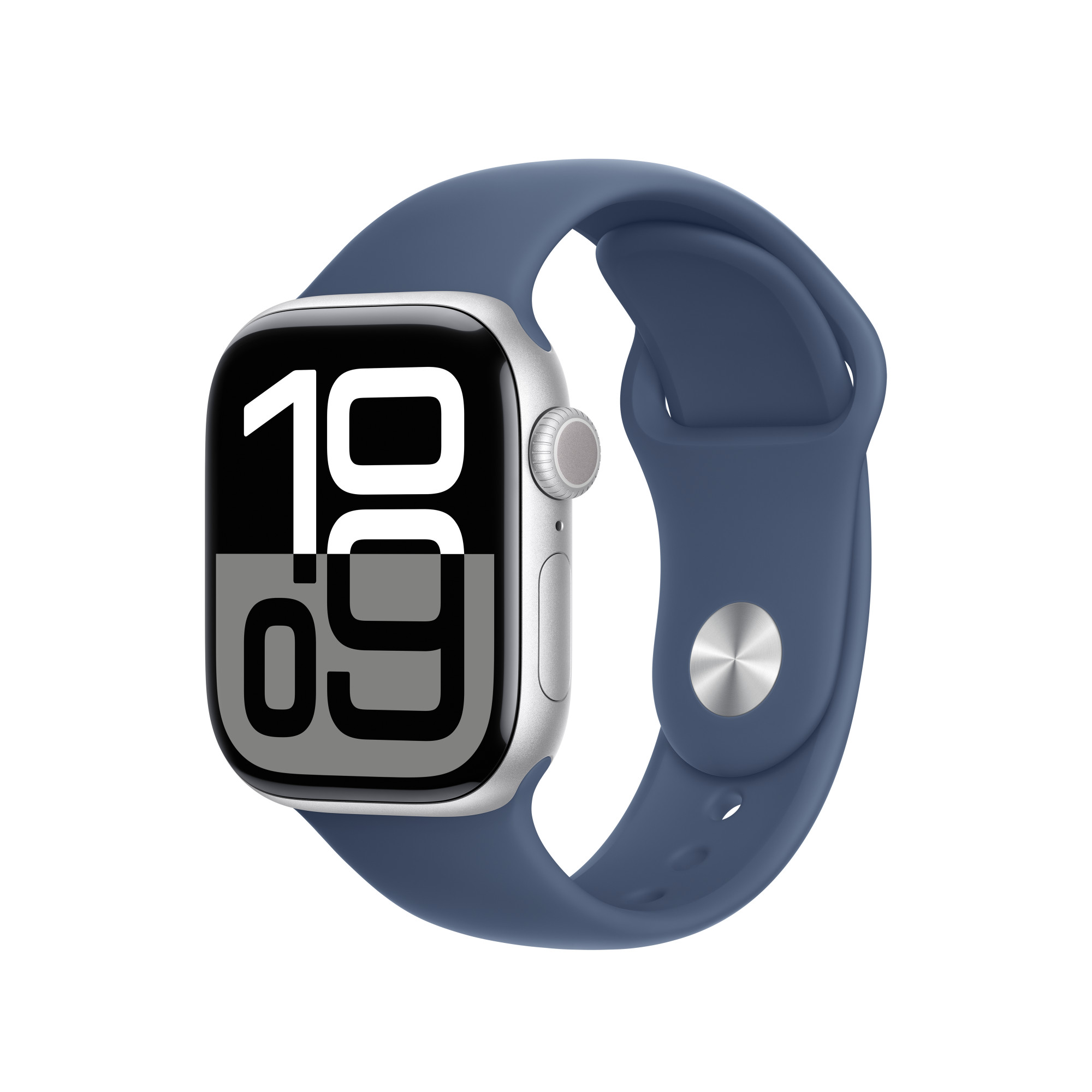Apple Watch kék szíjjal. Az óra 10:09-et mutat fehér betűtípussal.