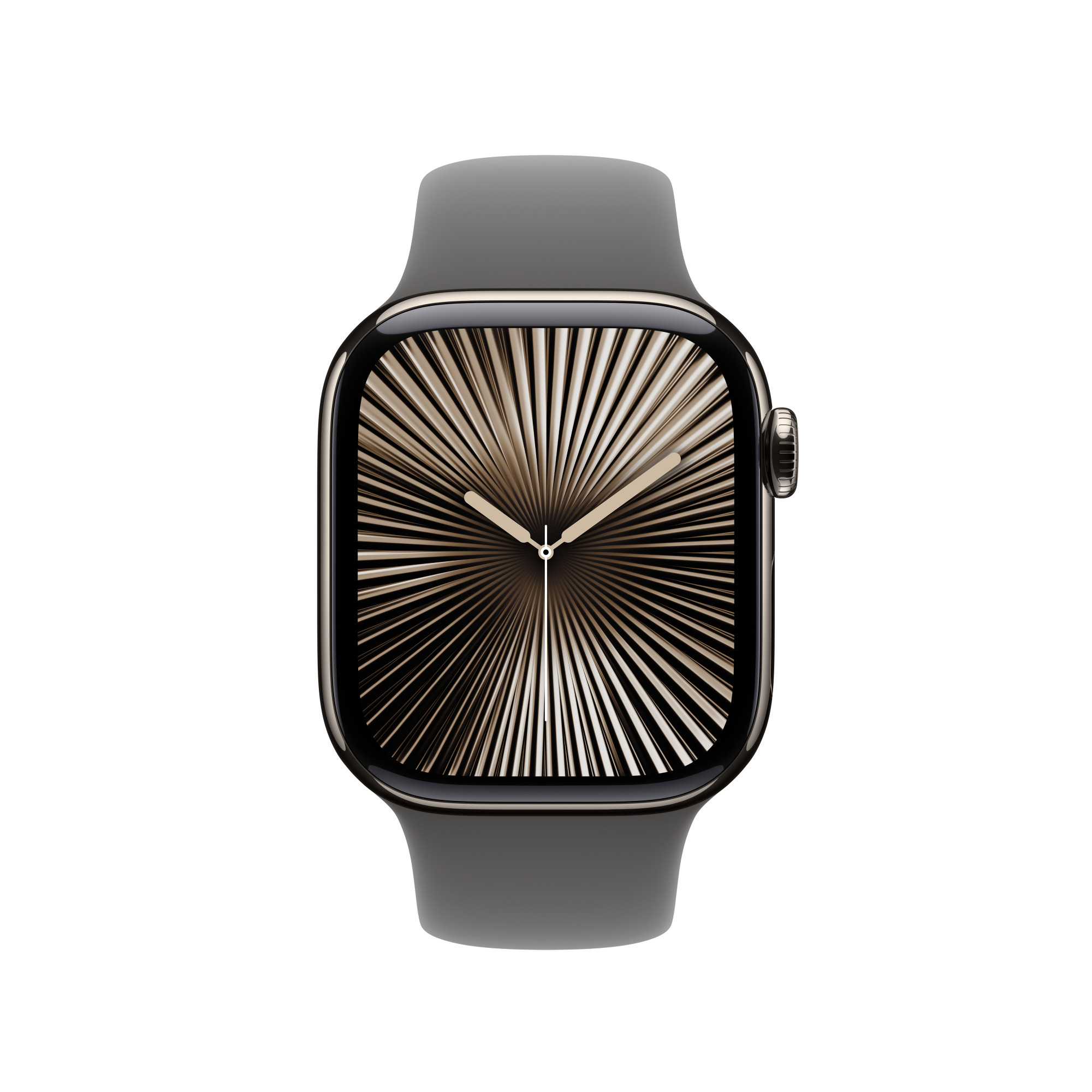Apple Watch arany tokkal és szürke szíjjal, sugárirányú vonalakkal ellátott számlapot mutat fehér alapon.
