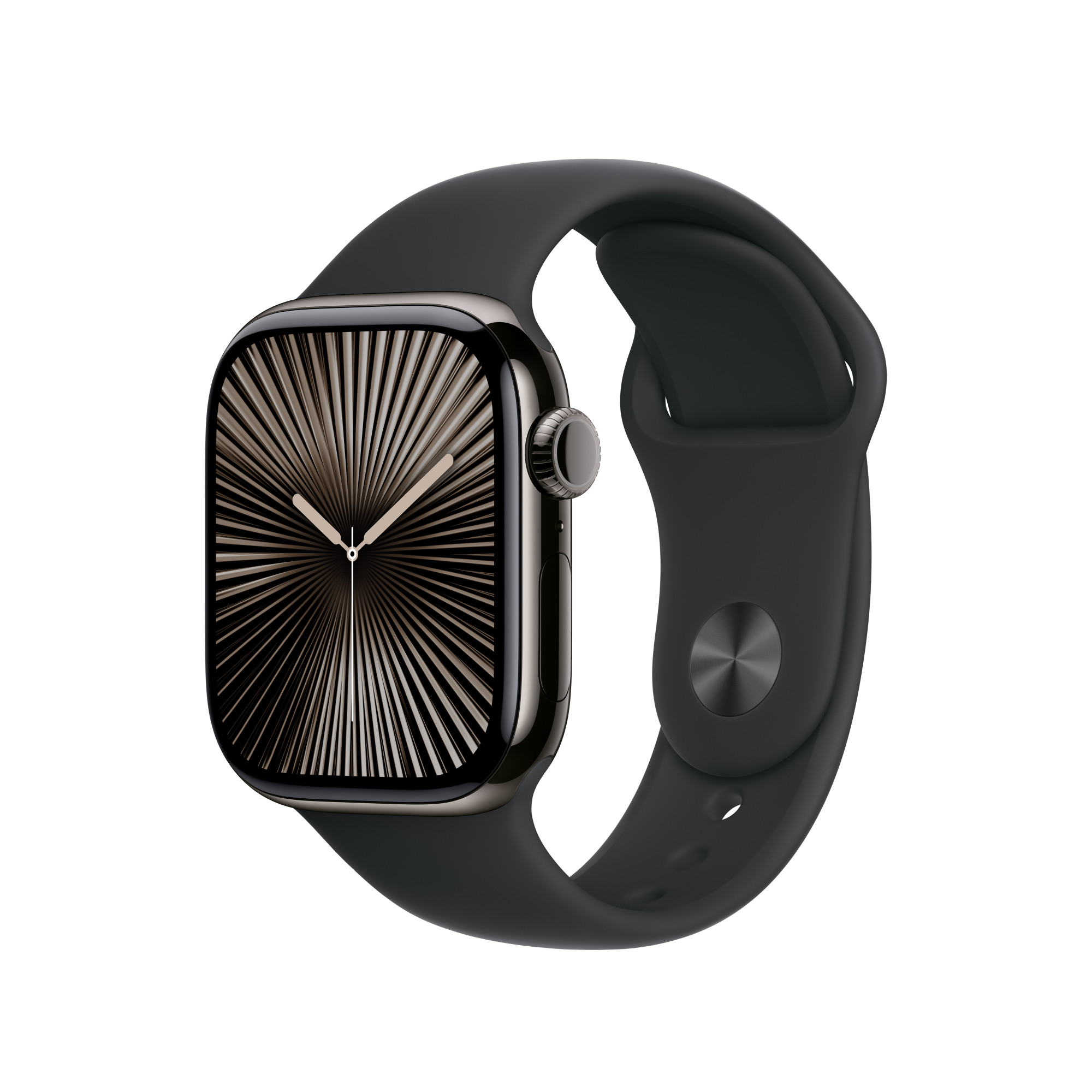 Fekete Apple Watch sötét acélszíjjal, radiális dizájnt mutatva a képernyőn.
