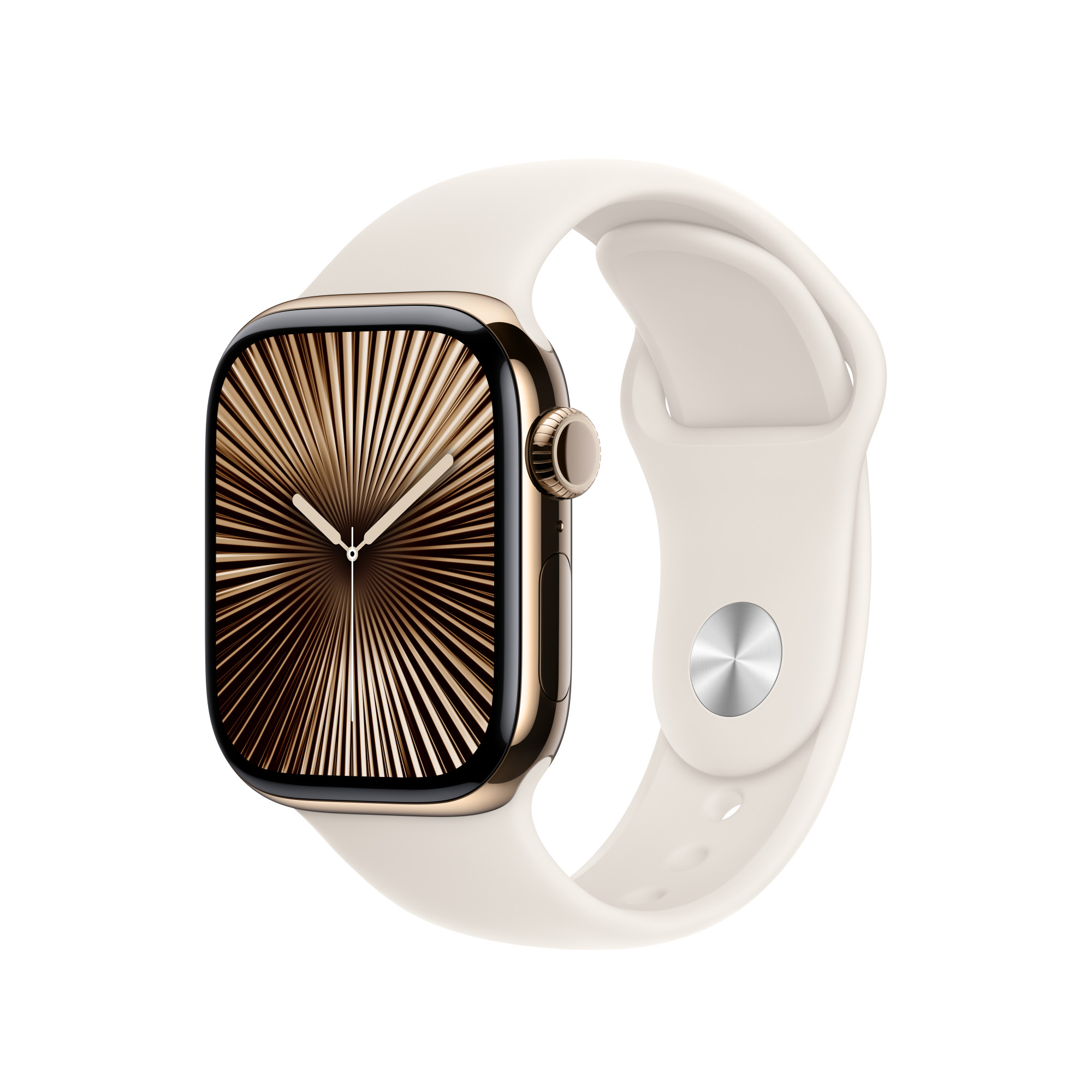Arany Apple Watch bézs szíjjal. A képernyője fekete, napkitörés mintával.